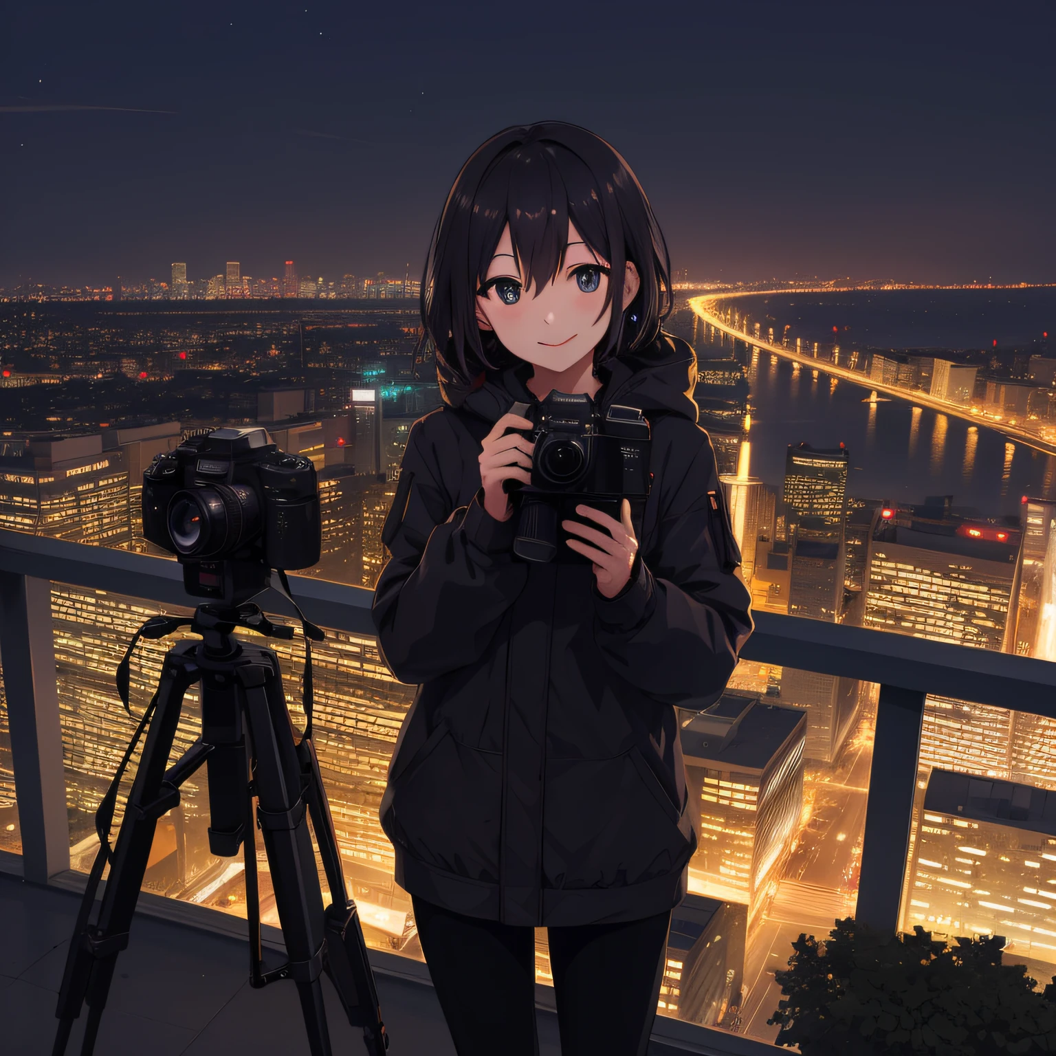 As night fell,urban skyline,Bright stars,Handheld camera film,Bust photo,With a smile,Eyes shining with expectations for the future,cameras、tripod、