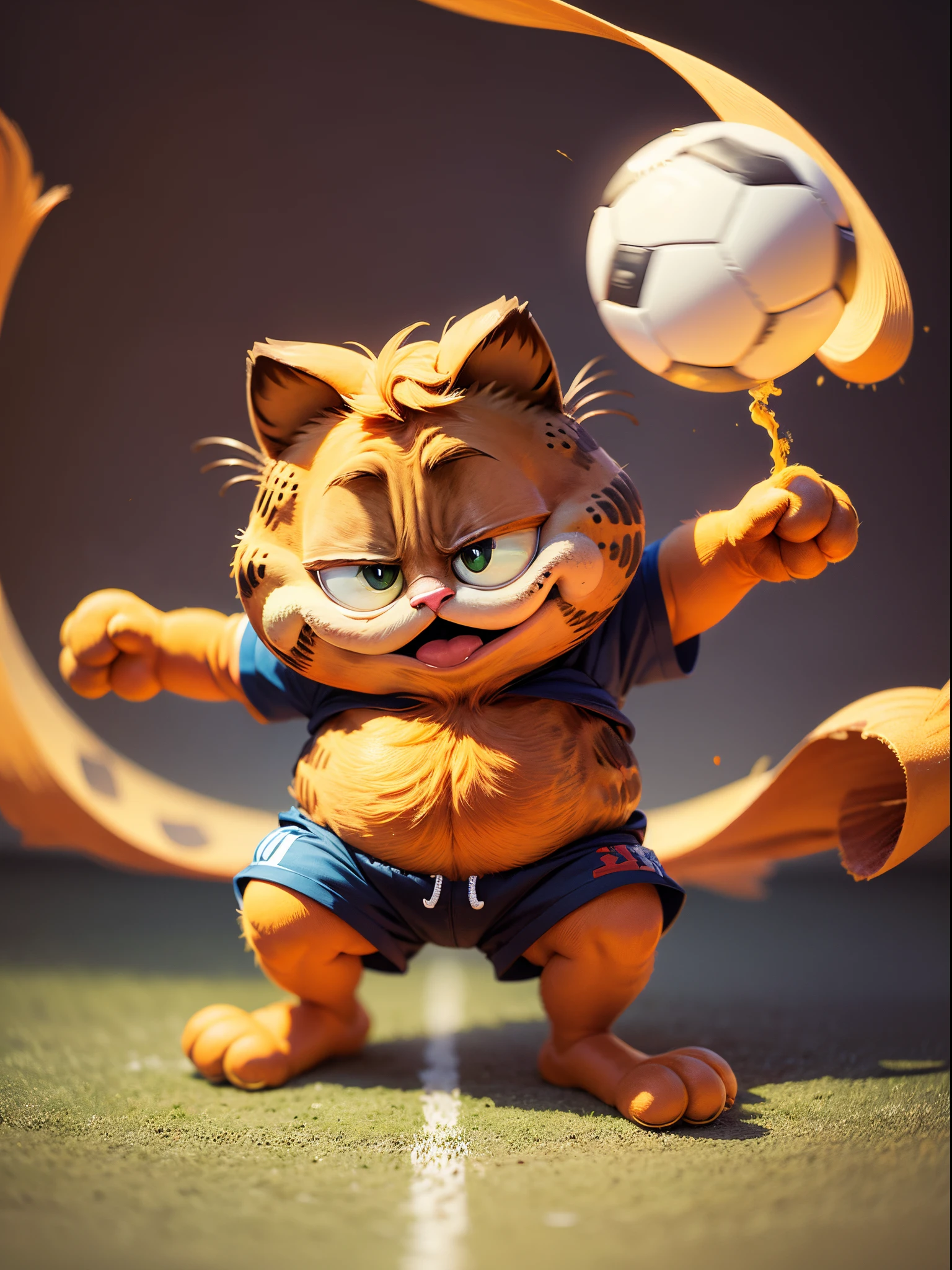 Garfield,,charicature,Half closed eyes,laugh sarcastically,play soccer,cute little,all displayed,,,​masterpiece