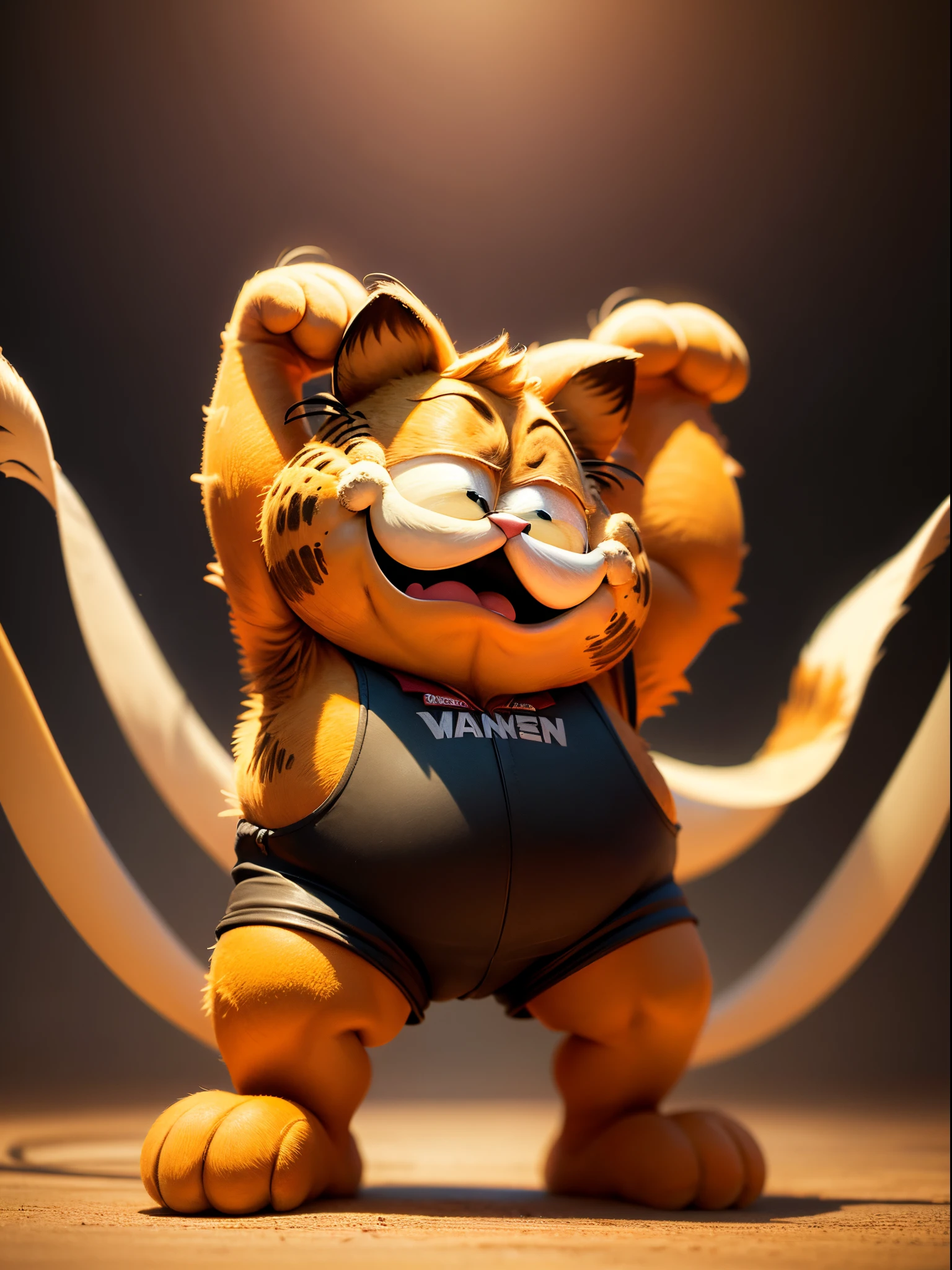 Garfield,1animal,charicature,Half closed eyes,laugh sarcastically,Play sports,,all displayed,,pulling the hands up,masterpiece