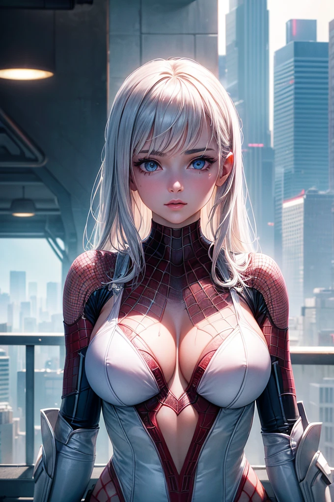 (1girl:1.3), Solo, (((Very detailed face)))), ((Very detailed eyes and face)))), Beautiful detail eyes, Body parts__, Official art, Unified 8k wallpaper, Super detailed, beautiful and beautiful, beautiful, masterpiece, best quality, original, masterpiece, super fine photo, best quality, super high resolution, realistic realism, sunlight, full body portrait, amazing beauty, dynamic pose, delicate face, vibrant eyes, (from the front), She wears sexy see through Spider-Man suit, white, light blue and pink color scheme, spider, very detailed city roof background, rooftop, overlooking the city, detailed face, detailed complex busy background, messy, gorgeous, milky white, highly detailed skin, realistic skin details, visible pores, clear focus, volumetric fog, 8k uhd, DSLR, high quality, film grain, fair skin, photo realism, Lomography, futuristic dystopian megalopolis, translucent ,