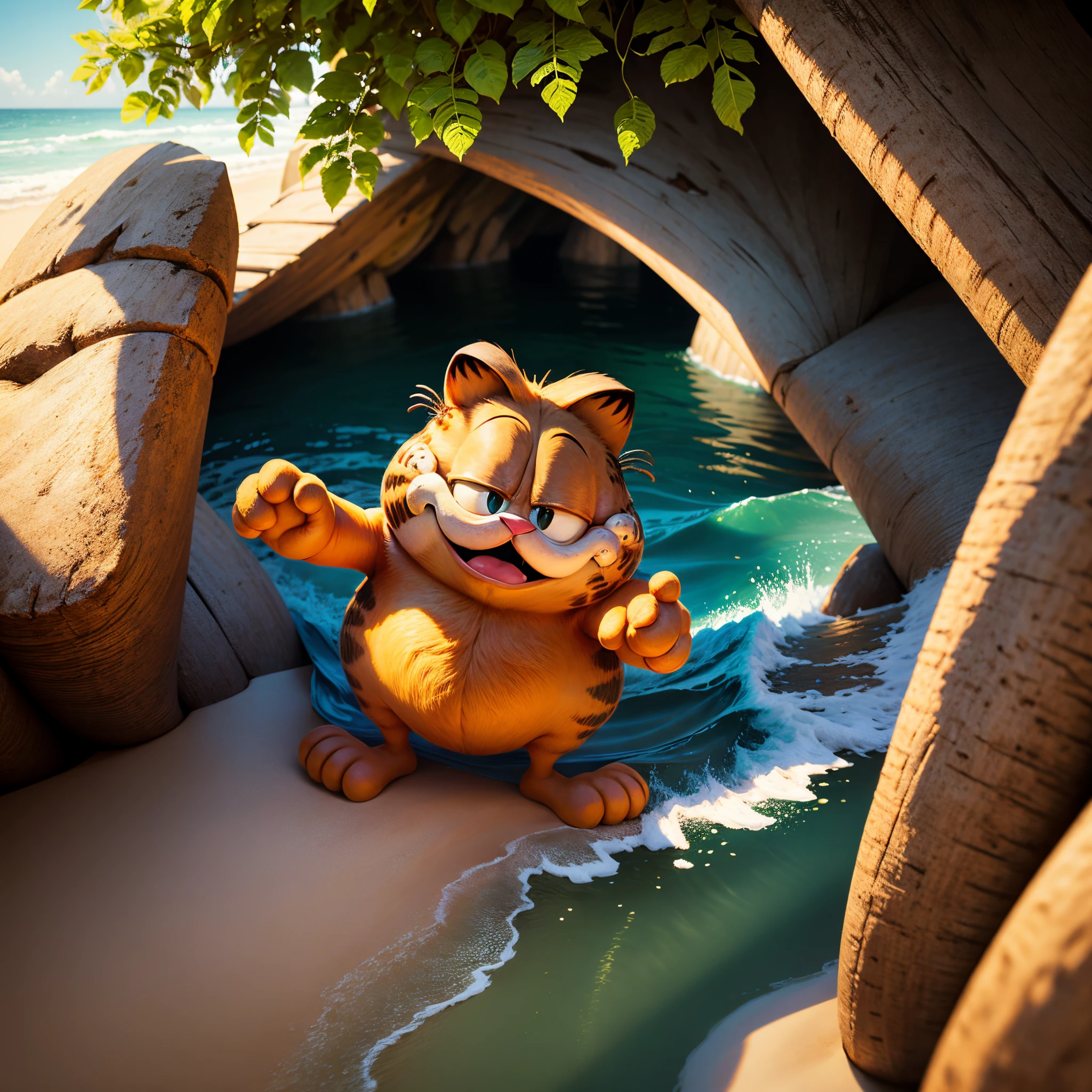 Garfield,1animal,charicature,Half closed eyes,laugh sarcastically,playing by the sea,,all displayed,summer sunlight,poseing,​masterpiece