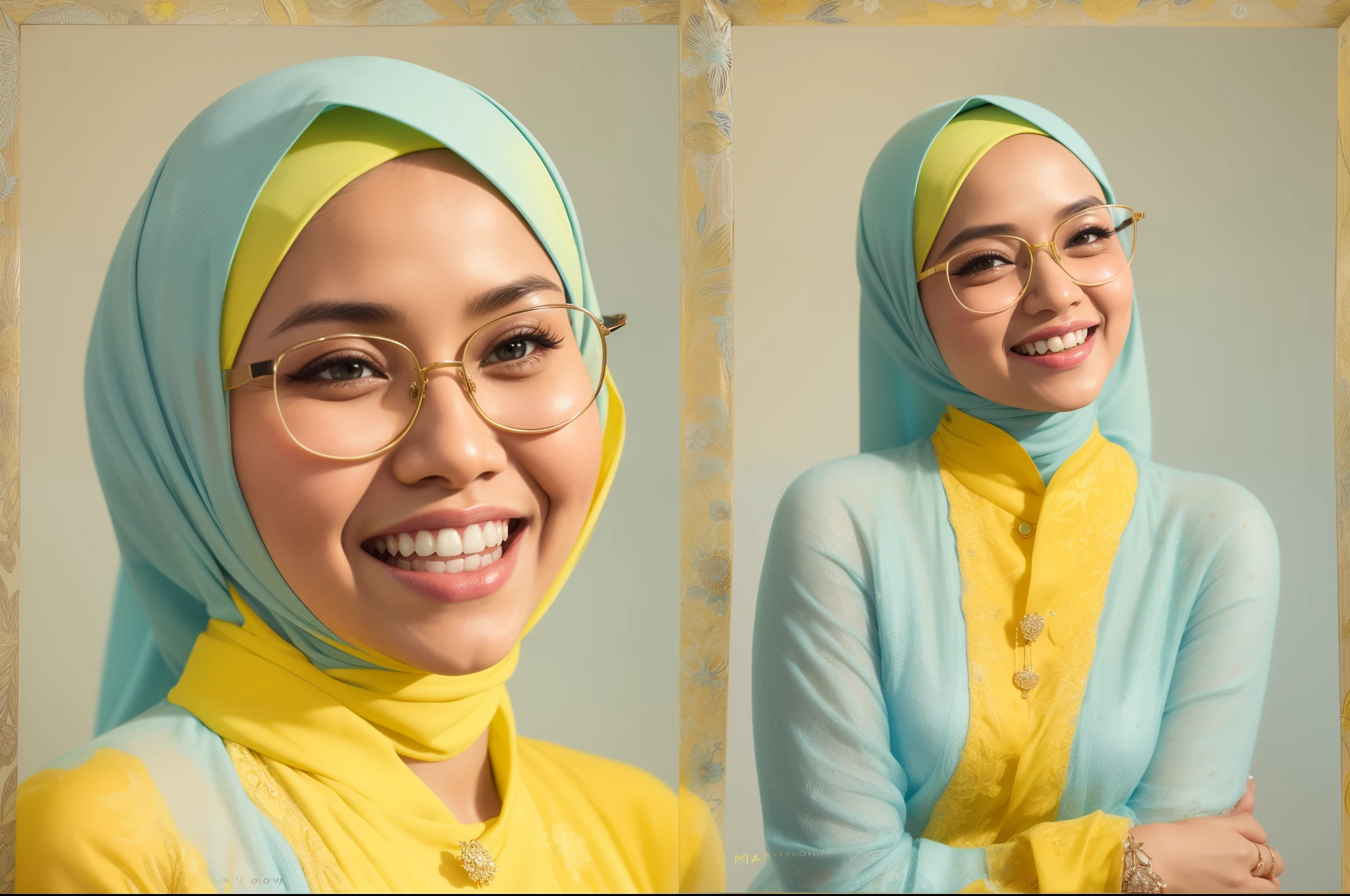 Sexy Malay woman in a light blue baju kebaya in front of a yellow background, laughing, dimple, glasses, hijab, mira filzah, full portrait, on a yellow canva, full portrait shot, photo of young malay woman, photo of a woman, potrait, in yellow background, half body shot, ultra detail, pastel color grading,