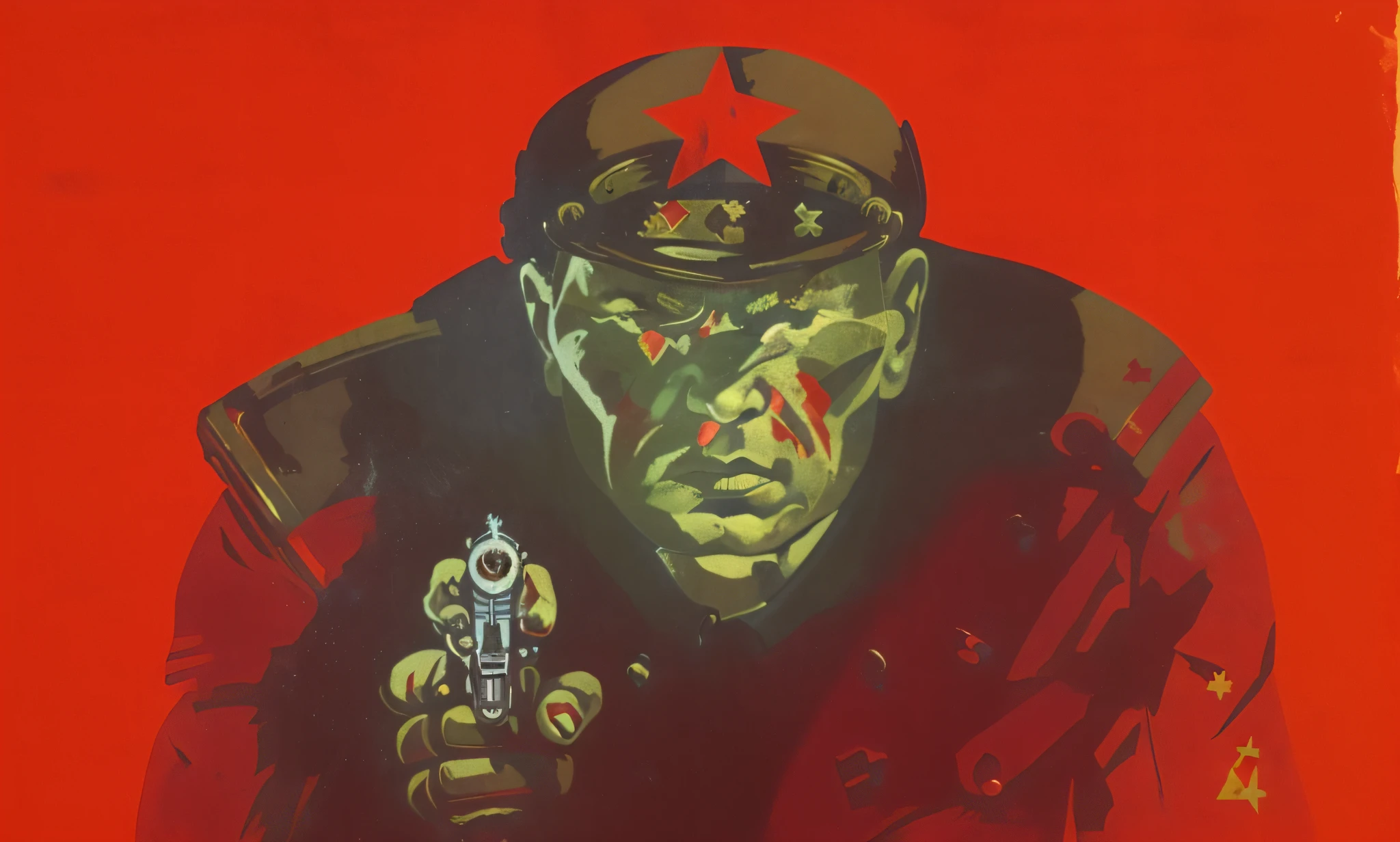 a painting of a man holding a gun with a star on it, soviet propaganda, soviet propaganda style, soviet art, soviet propaganda art, soviet propaganda poster, doomguy as a soviet soldier, soviet era propaganda poster, communist propaganda poster, soviet poster, red son, soviet cyberpunk, ussr poster, in a soviet propaganda style, soviet propaganda poster style, propaganda art