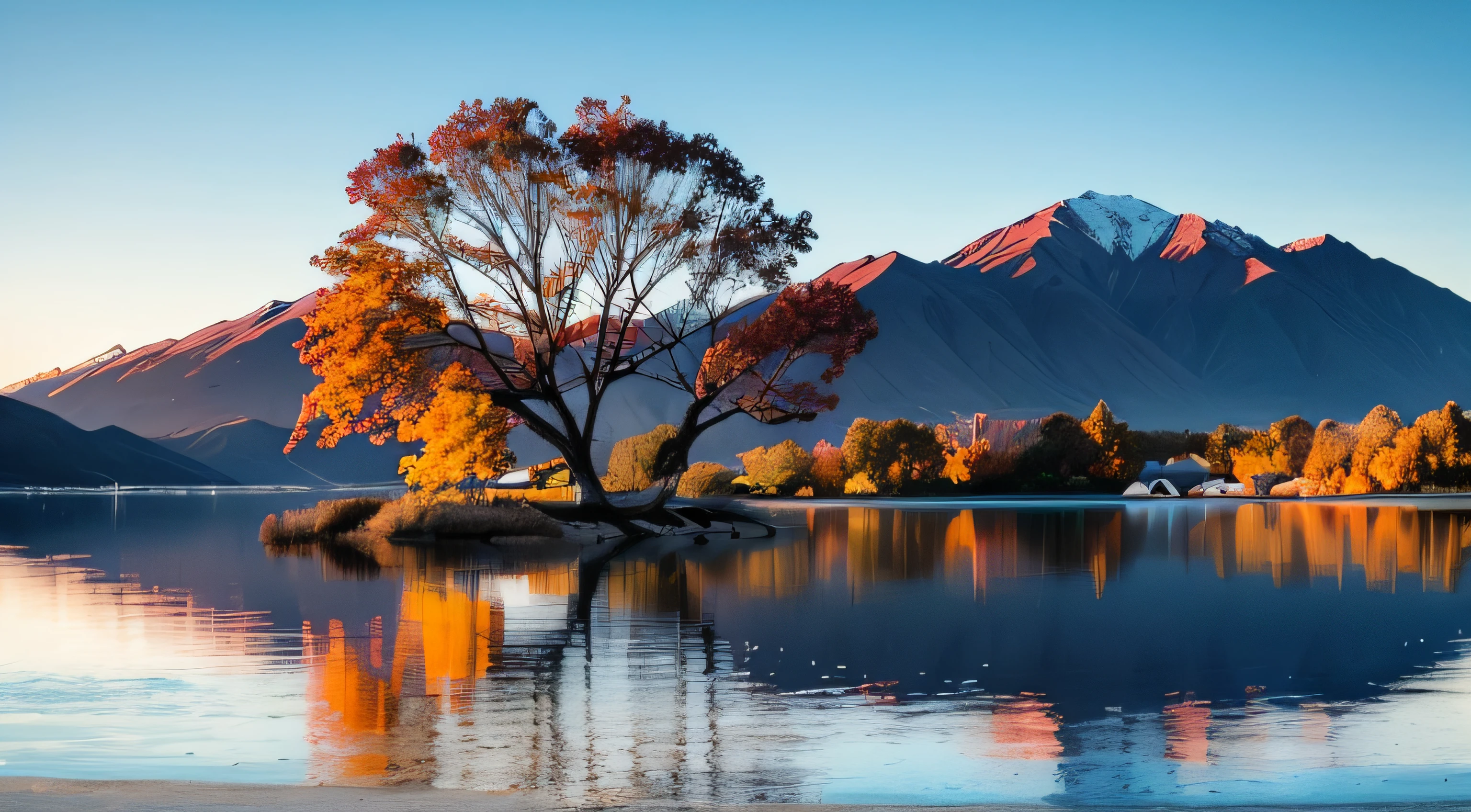 Remarkable landscape of colorful autumn Wanaka Tree reflection on Wanaka Lake with sunrise in the fresh morning, most popular photographed tree in Wanaka, autumn season in South New Zealand.