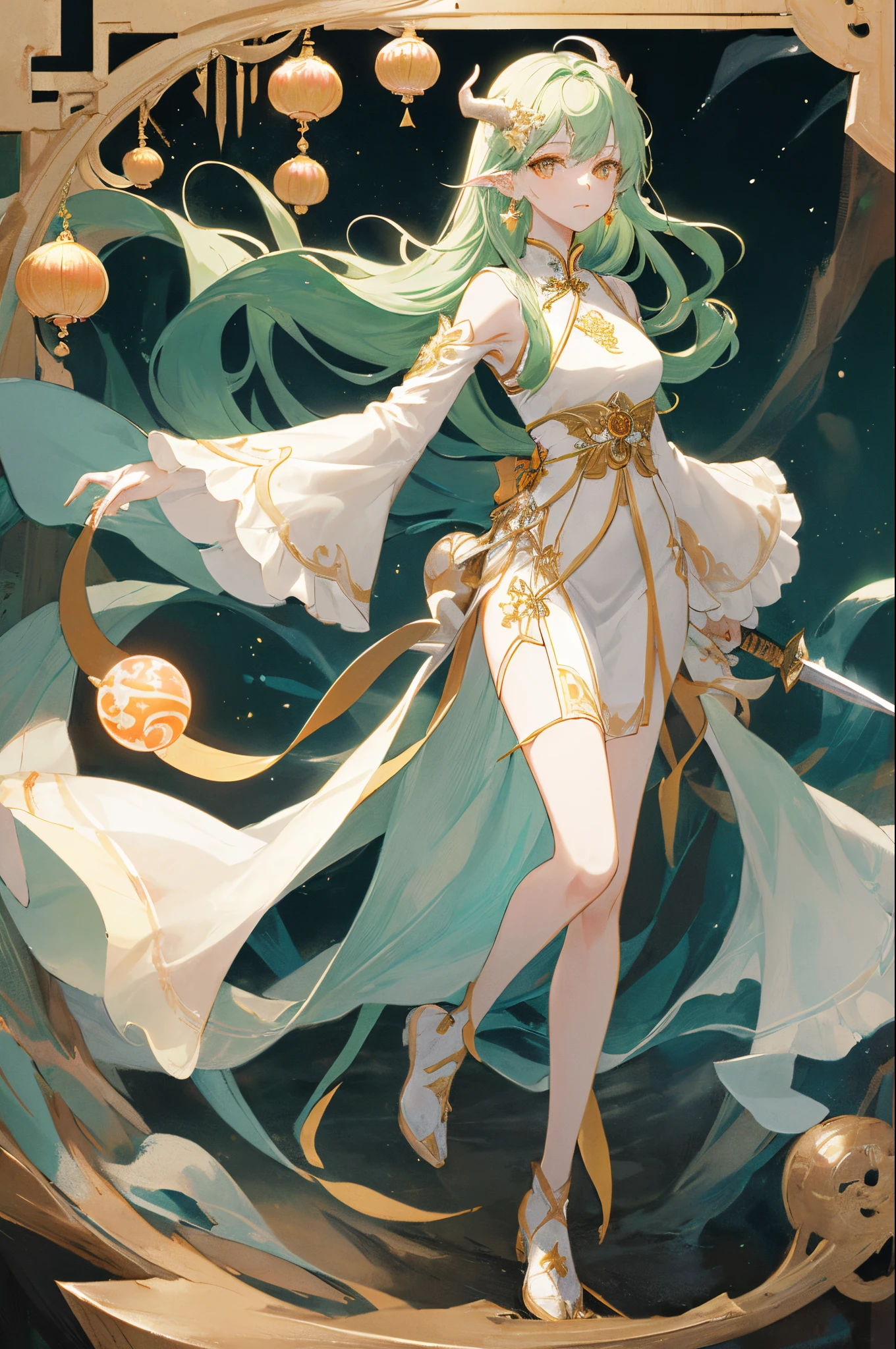 , (masterpiece:1.2), best quality,PIXIV,midjourney portrait,
1girl, solo, long hair, weapon, sword, dress, looking at viewer, white dress, golden eyes, jewelry, earrings, closed mouth, hair ornament, white background, long sleeves, bangs, standing, breasts, wide sleeves, white dragon horns, very long wavy hair, lime green hair, pale green hair, holding orange crystal ball with star inside, full body, chinese clothes, simple background, eastern dragon in background, starry sky,