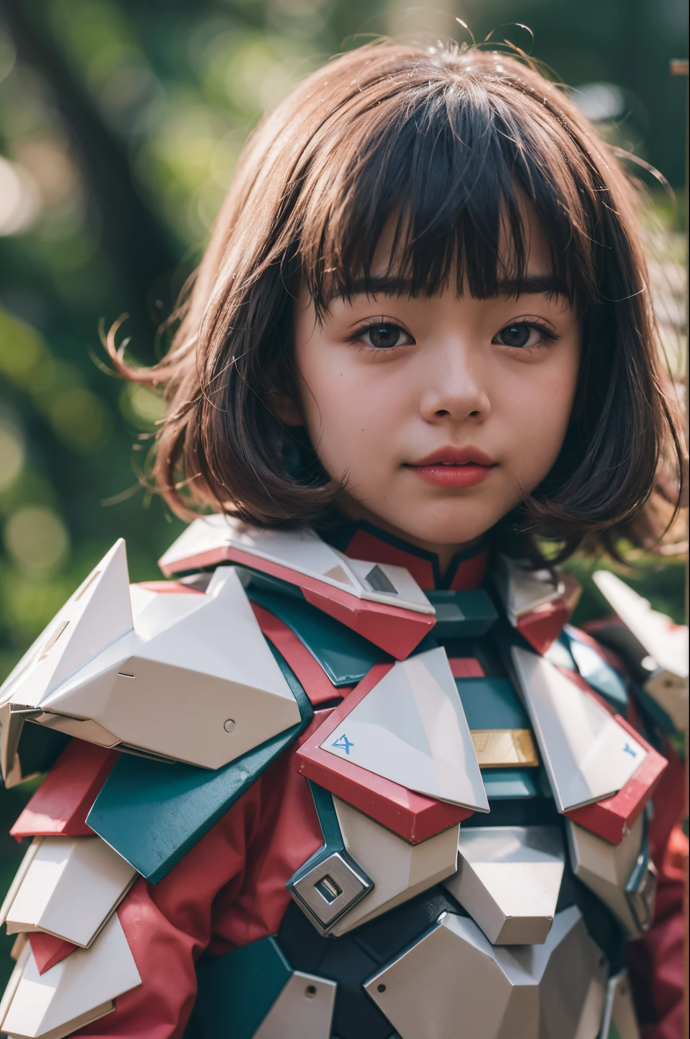 1 supercute girl in kitty wear a origami gundam armor, fur, bokeh,Super 8mm lense, Extreme close-up, High Contrast cinematography effect, Natural Lighting, Desaturate color grading, high quality, ultra detail, 8k resolution