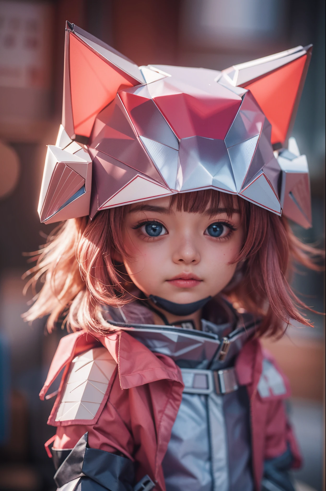 1 supercute girl in kitty wear a origami gundam armor, fur, bokeh,Super 8mm lense, Extreme close-up, High Contrast cinematography effect, Natural Lighting, Desaturate color grading, high quality, ultra detail, 8k resolution