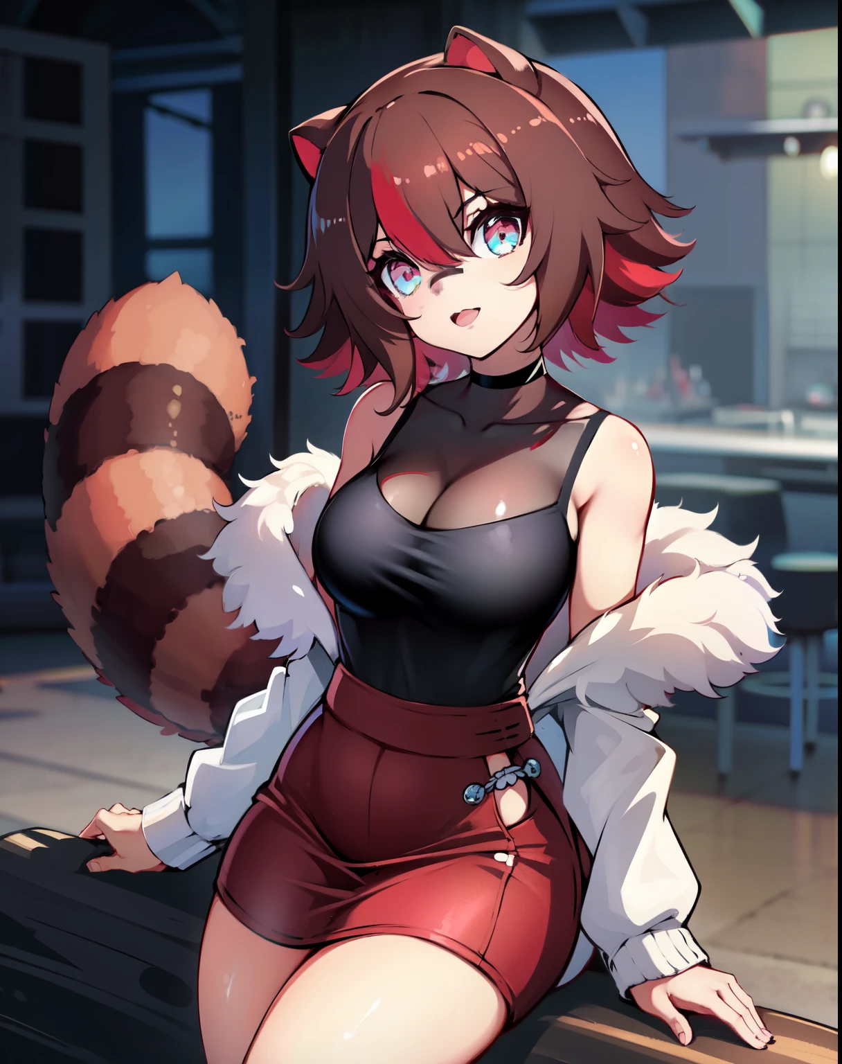 Obra maestra, intrincado, Anime style, cuerpo completo, 1girl, Rakkun, Orejas de Tanuki, orejas internas rojas, red inner ear hair, 1cola, cola esponjosa, Cola de mapache, brown and light brown ringed tail, Hermosos ojos, ojos detallados, ojos rojos y azules borrosos, pelo corto, pelo interior rojo, brown hair, a lock of hair on the left side, tiras de pelo rojo, camisa negra corta descubierta en los hombros y con malla negra con ribetes negros hasta el cuello, polo, falda corta negra con cuadros rojo oscuro, black belt around the waist, Mirando al espectador