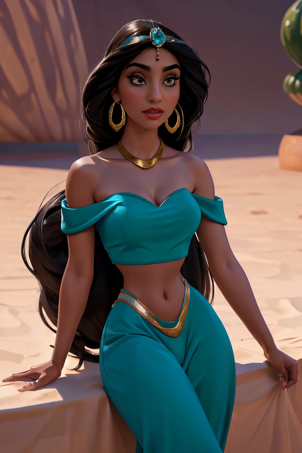 (Masterpiece, Best Quality, Highres:1.2), Detailed, Intricate Details, 4K, 1Girl, (Solo:1.2), jasmine seeing viewers  long hair, breasts, black hair, navel, cleavage, bare shoulders, brown eyes, jewelry, earrings, midriff, dark skin, necklace, off shoulder, blurry, dark-skinned female, crop top, blue shirt, circlet, off-shoulder shirt, arabian clothes, looking at viewer outdoors,, Princess Jasmine's Sitting cross-legged on the Magic Carpet, The Magic Carpet flying ascending into the twilight skies, the city of Baghdad stretches out below them like a sprawling tapestry.  background city of Bagdad, sunset, golden hour,