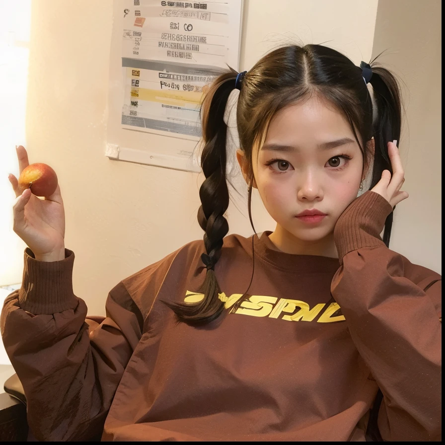 there is a young woman sitting on a chair holding a piece of fruit, jennie blackpink, dois penteados pigtails, jossi do blackpink, penteado pigtails, ela tem dois rabos de cavalo, com rabo-de-porco preto, penteado twintails, Parque Roseanne do Blackpink, aesthetic!!!!!! female genie, she is wearing streetwear, wan adorable korean face, her hair is in a pony tail
