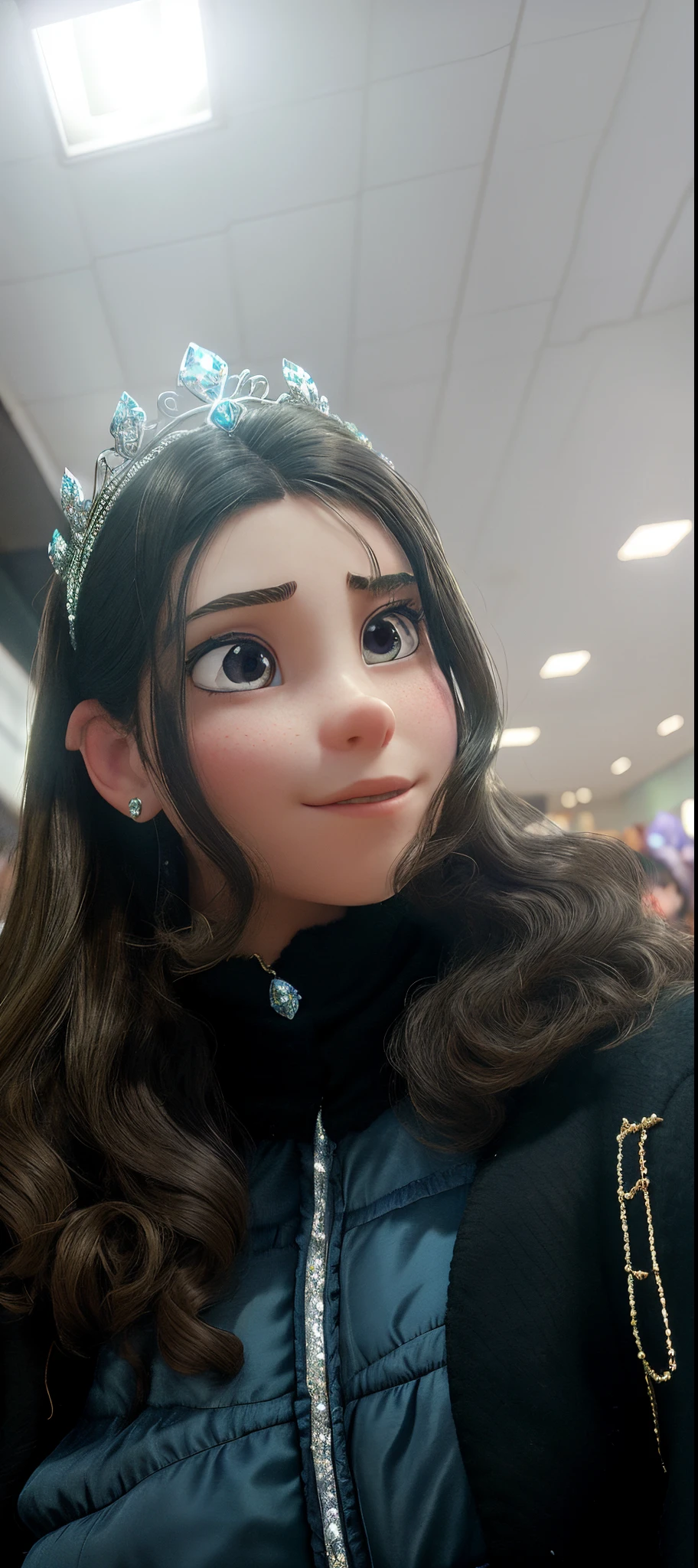 arafed woman with a tiara on her head in a store, 18 years old, 1 6 years old, wearing tiara, 19-year-old girl, very very low quality picture, violet myers, very very low quality, very low quality, lovely queen, wearing crystal fractal tiara, with crown, low quality, wearing crown, pouting