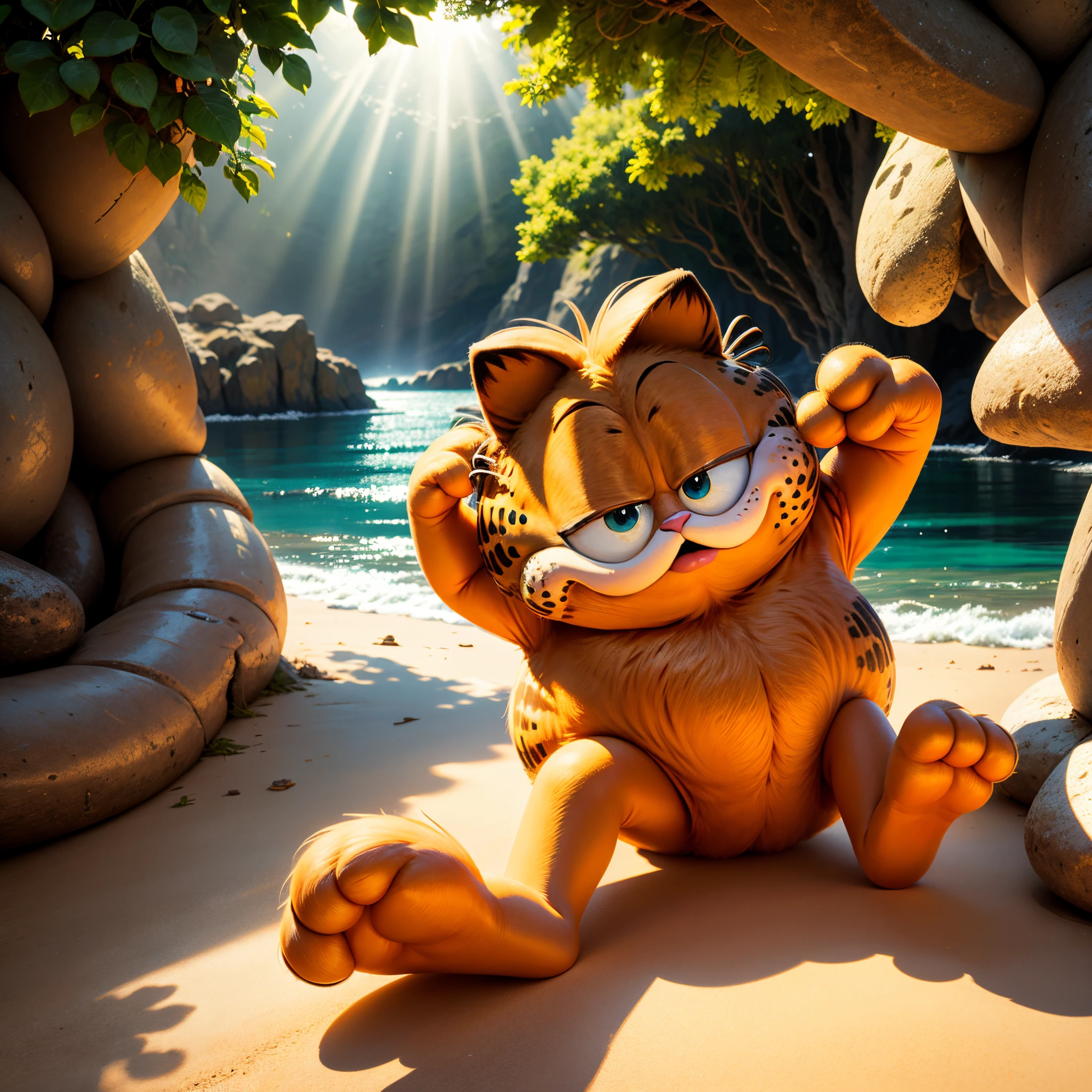 Garfield,1animal,charicature,Half closed eyes,laugh sarcastically,playing by the sea,,all displayed,summer sunlight,poseing,​masterpiece