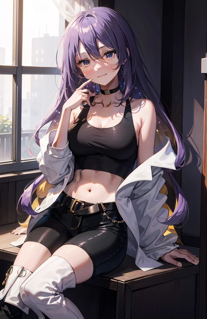 1girll, Star Nova Moon, Purple long hair, White jacket, short jeans pants, shorter pants, Crop top, show stomach, Bedroom, window, pillow head, Bed, Sitting, (Masterpiece:1.2), A high resolution, Best quality, 8K, Sexy pose, Blush, Shy, Smile, V-neck shirt, The middle chest is shown, Braided out, long socks, very short pants, pretty