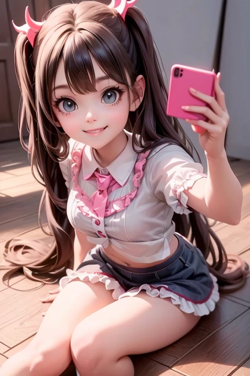 a Demon girl smiling sitting on the floor, taking a picture of herself, frilly skirt, collared crop shirt, attractive pose, cute elegant pose, dynamic low angle shot