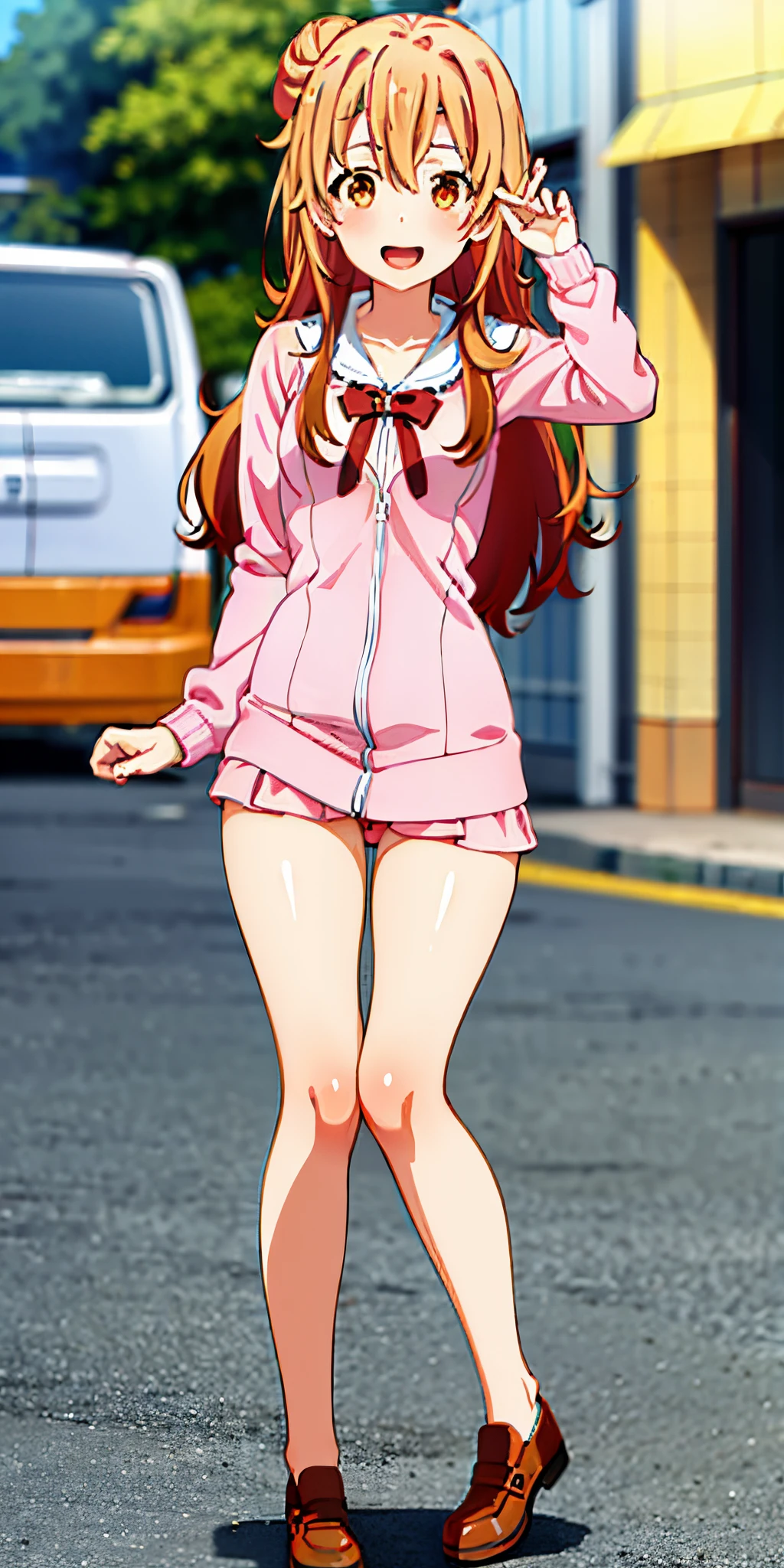 (Yuigahama Yui:1.5), Masterpiece, Best Quality, absurderes, 1Girl, looking up at viewer, Standing, upper half body, exteriors, Street, daoshi, hands on ass, Sorrisos, Nude,