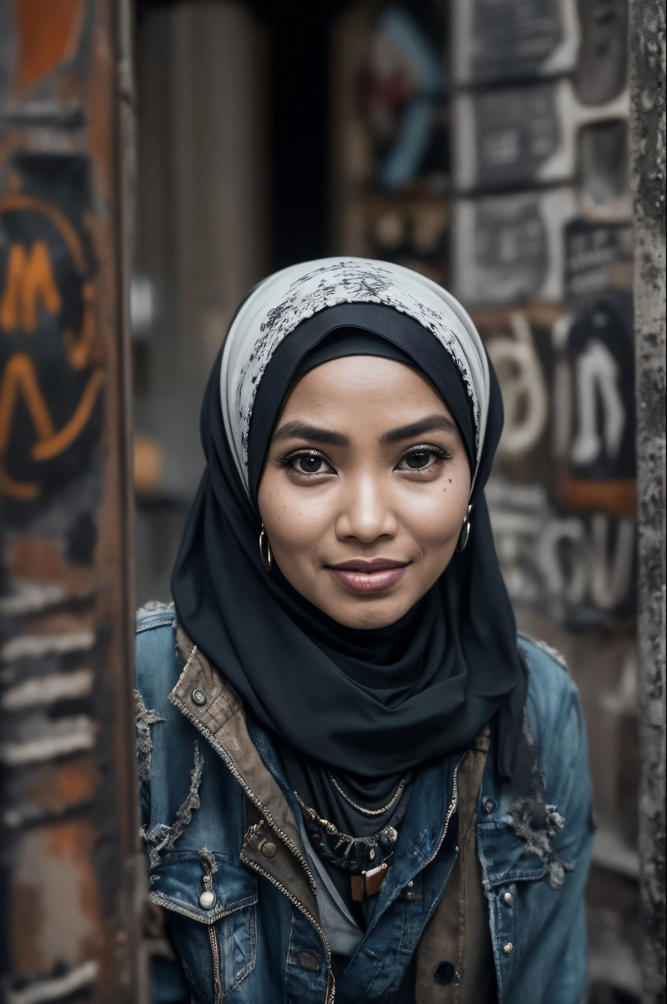 (masterpiece:1.2, best quality), (1 malay lady in hijab, solo, upper body:1.2), hijab, Clothing: oversized, distressed denim jacket with patches and pins, paired with black skinny jeans and combat boots, Accessories: silver hoop earrings and a black choker necklace, Hanging out in an underground music venue or street art exhibit, bokeh,Super 8mm lense, Extreme close-up, High Contrast cinematography effect, Natural Lighting, Desaturate color grading, high quality, ultra detail, 8k resolution