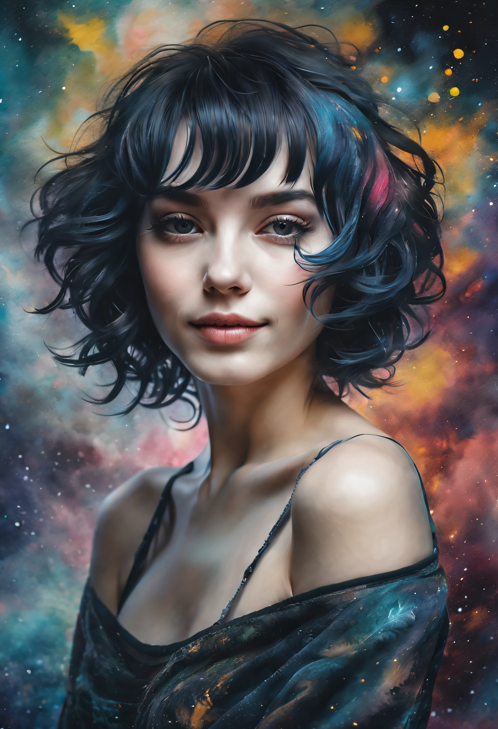 [1Young attractive girl with a mysterious smile, Cute black messy bob hairstyle, baroque:20]:BG[nebula, Covitation] (in the style of Slawomir-Maniak), Lush watercolor palette canvas/acrylic, Intricate, extreme hight detail, Complex key, ((Single Shot)), ((Best Quality)), ((Masterpiece)) , ( (Realistic)), (IDEAL), 8K, impressionism: 0.2 Обои Full HD