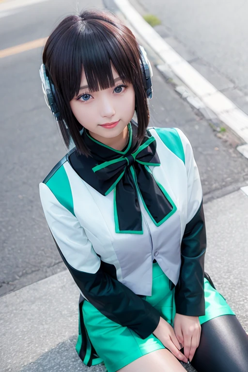 1girl,  izu, izu_uniform, humagear, humagear_headset, headphone, realistic, skirt, jacket, solo, sitting, best quality, photorealistic, masterpiece, 8k, high res, solo,  (((woman))), (medium breast), ((looking at the viewer)), (looking at the camera:1), (short hair), bob hair, (professional lighting, bokeh),top angle view, extremely detailed face,  fashionable and trendy atmosphere, japan, street, tokyo,  factory, ((daytime)), (portrait:0.6), seductive smile,  gorgeous, floating hair, (light particles, lens flare, glowing particles:0.6), (dynamic pose:1.2), soft lighting, black hair,  full body, smile, camera,  blue eye, pantyhose, black nail,