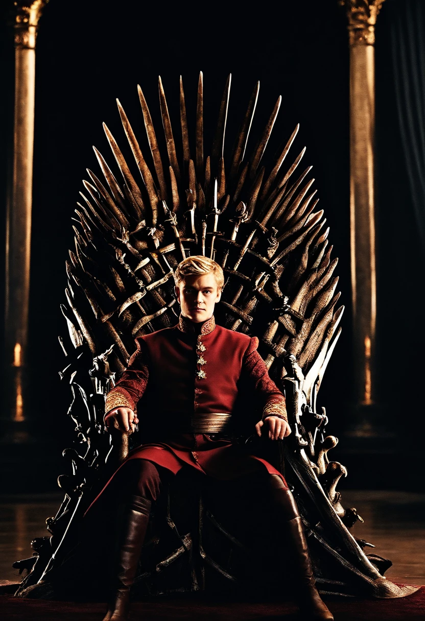 A photo of Joffrey sitting on the Iron Throne with a menacing smirk on his face.,Game of Thrones TV series,Joffrey Baratheon, a character from “Game of Thrones,” presents with the fair-haired, aristocratic looks typical of the Lannister lineage, often displaying a smug, self-satisfied expression that mirrors his entitled demeanor. His youthful appearance is contrasted by a cold, sneering countenance, and he is usually adorned in lavish, regal attire befitting his status as a prince and later a king.