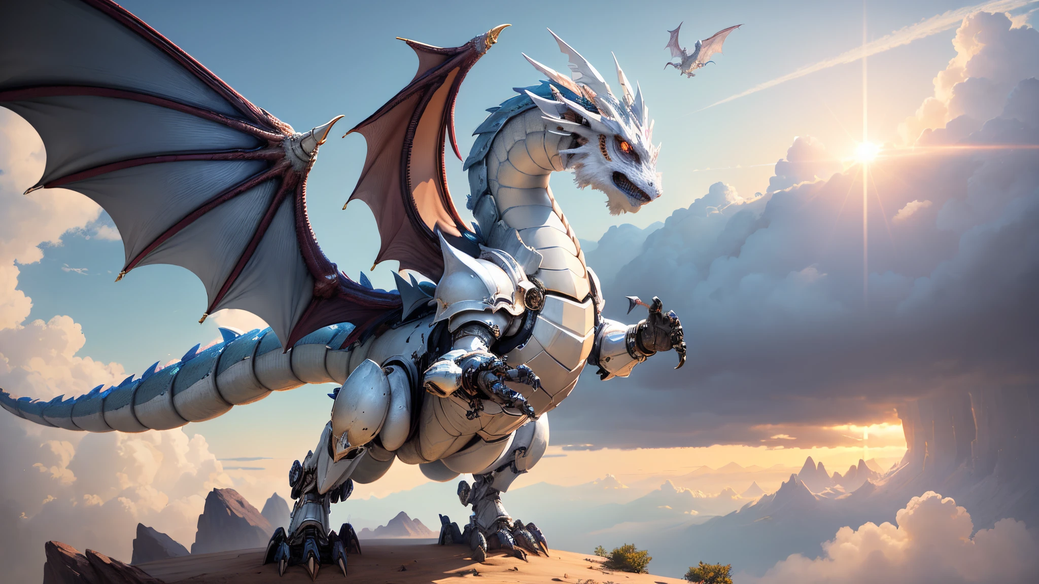 (((A DRAGON KNIGHT wear WHITE MECHA FULL ARMOR))), FINAL FANTASY style, a dragon with a mecha body and 6 wings, cloud, detailed fantasy art, dragon ancient full mecha armor, by Yang J, dragon knight, beautiful biomechanical djinn, highly detailed fantasy art, high detailed official artwork, cgi anime fantasy artwork, epic fantasy digital art style, angelic white armor, detailed fantasy digital art,
Full Body Esbian, (((Flying in the sky))), Cloud, Sun Light, Bird Eyes View
