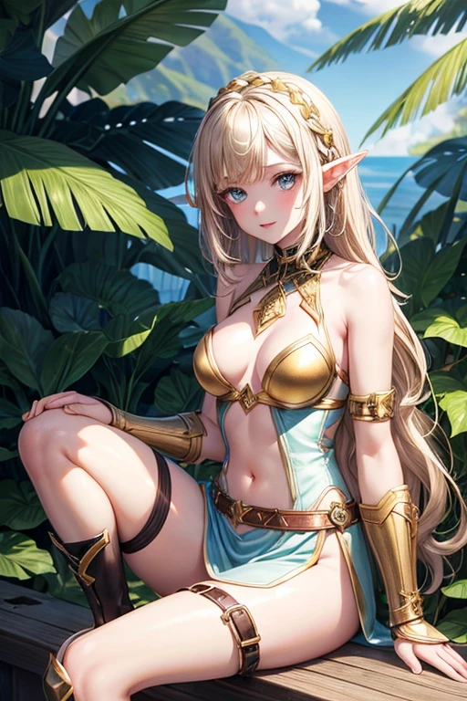 one cute young elf girl, revealing sexy dark brown studded leather armor, ankle boots barefoot, pale blonde wavy bob hair, blue and gold eyes, pale skin, tropical background