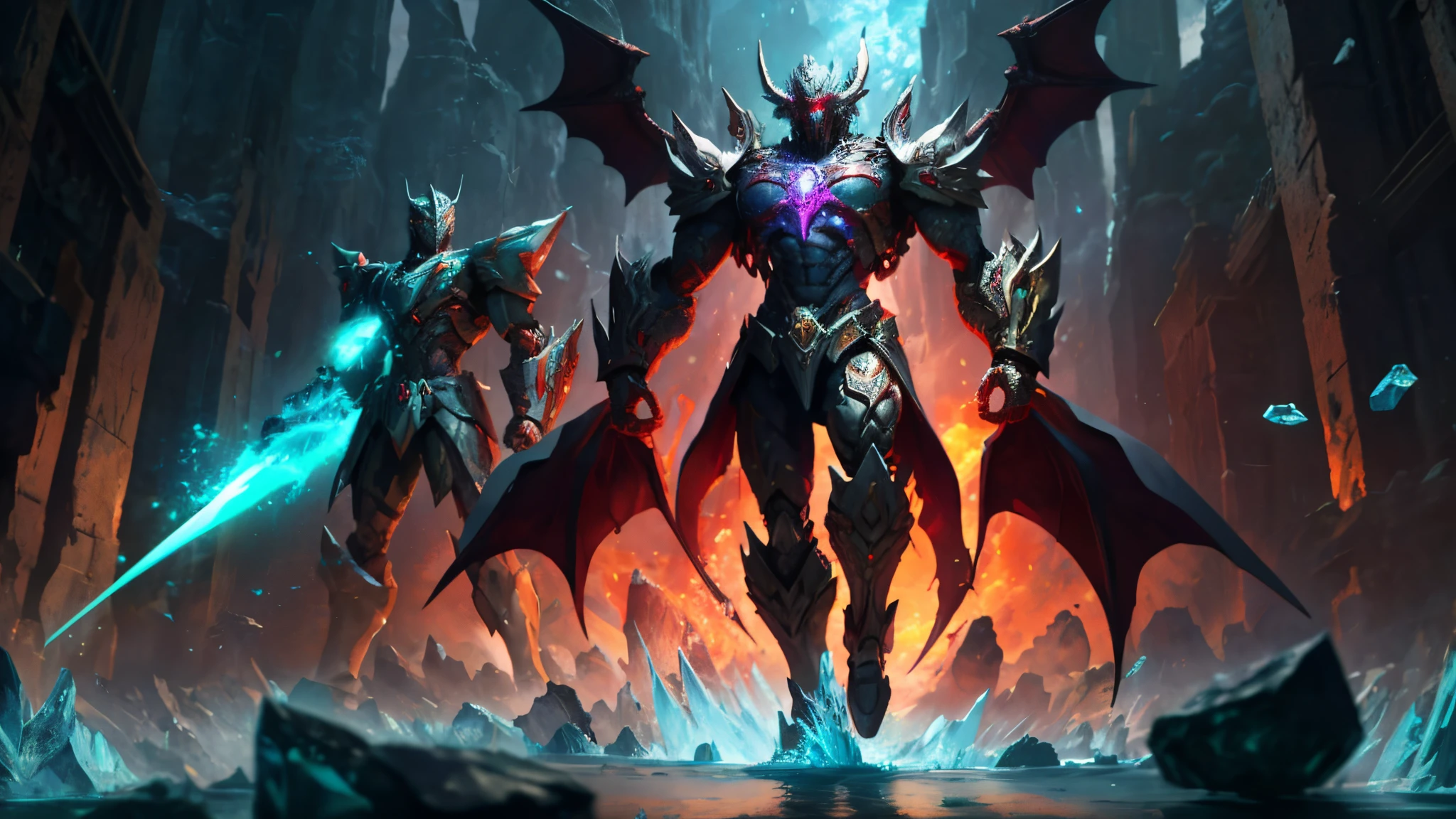Full Body Shot, ((Masterpiece)), (Best Quality)), 8k, High Detail, Ultra Detailed, Abs, Armor Showing, Extremely Detailed CG Unity 8k Wallpaper, 1 Mecha Boy, {White Bones|Rainbow|Ice Crystal|Blood Demon|Phantom Dragon|Thor}, Red Eyes, Sci-Fi, War, Conflict, Movie Grandeur, Weapons, Fully Armed, (Floating Color {Wind|Water Magic|Ink|Crystal|Fire|Ice|Flame|Lightning|Network|Rock|Sand|Particles|Spark|Blood}:1)