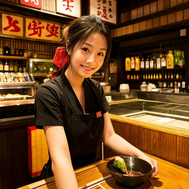 Make it the same face of the woman you created last time.、she wears a black bandana and a black colored shirt、Please draw a part-time job at a Hakkenden-style yakitori restaurant.。her perspective is、Toward the customer、While writing an order、Keeping your expression the same as before、Please express the lively atmosphere typical of a yakitori restaurant.。It would be nice if the background had details typical of a yakitori restaurant.。Keep an eye out for vibrant colors and details。
