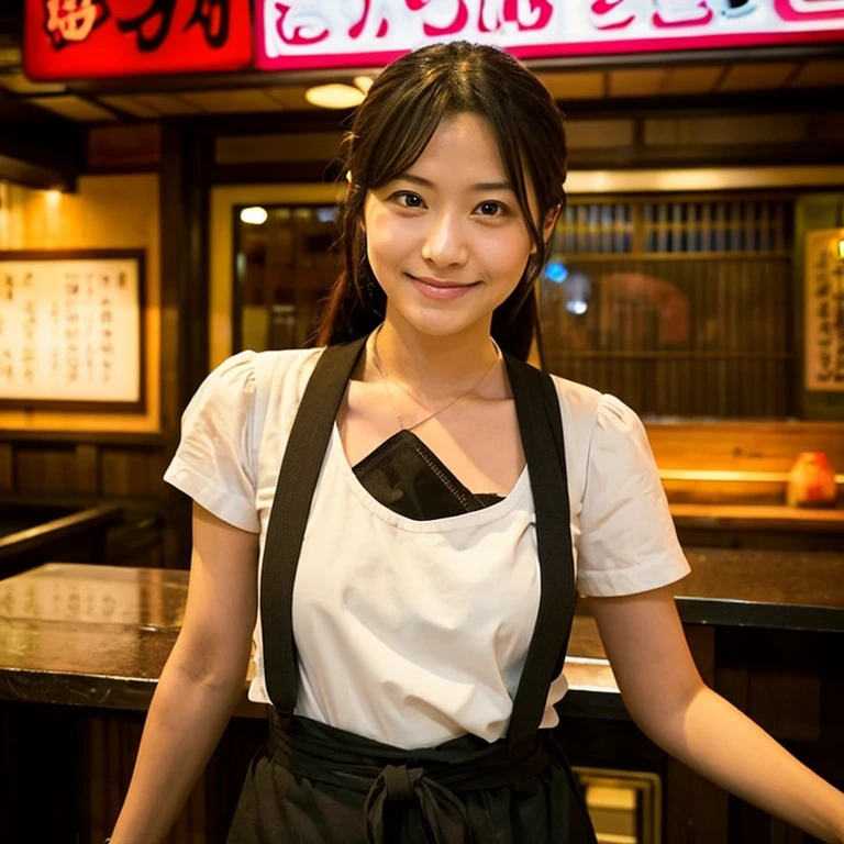 Make it the same face of the woman you created last time.、she wears a black bandana and a black colored shirt、Please draw a part-time job at a Hakkenden-style yakitori restaurant.。her perspective is、Toward the customer、While writing an order、Keeping your expression the same as before、Please express the lively atmosphere typical of a yakitori restaurant.。It would be nice if the background had details typical of a yakitori restaurant.。Keep an eye out for vibrant colors and details。