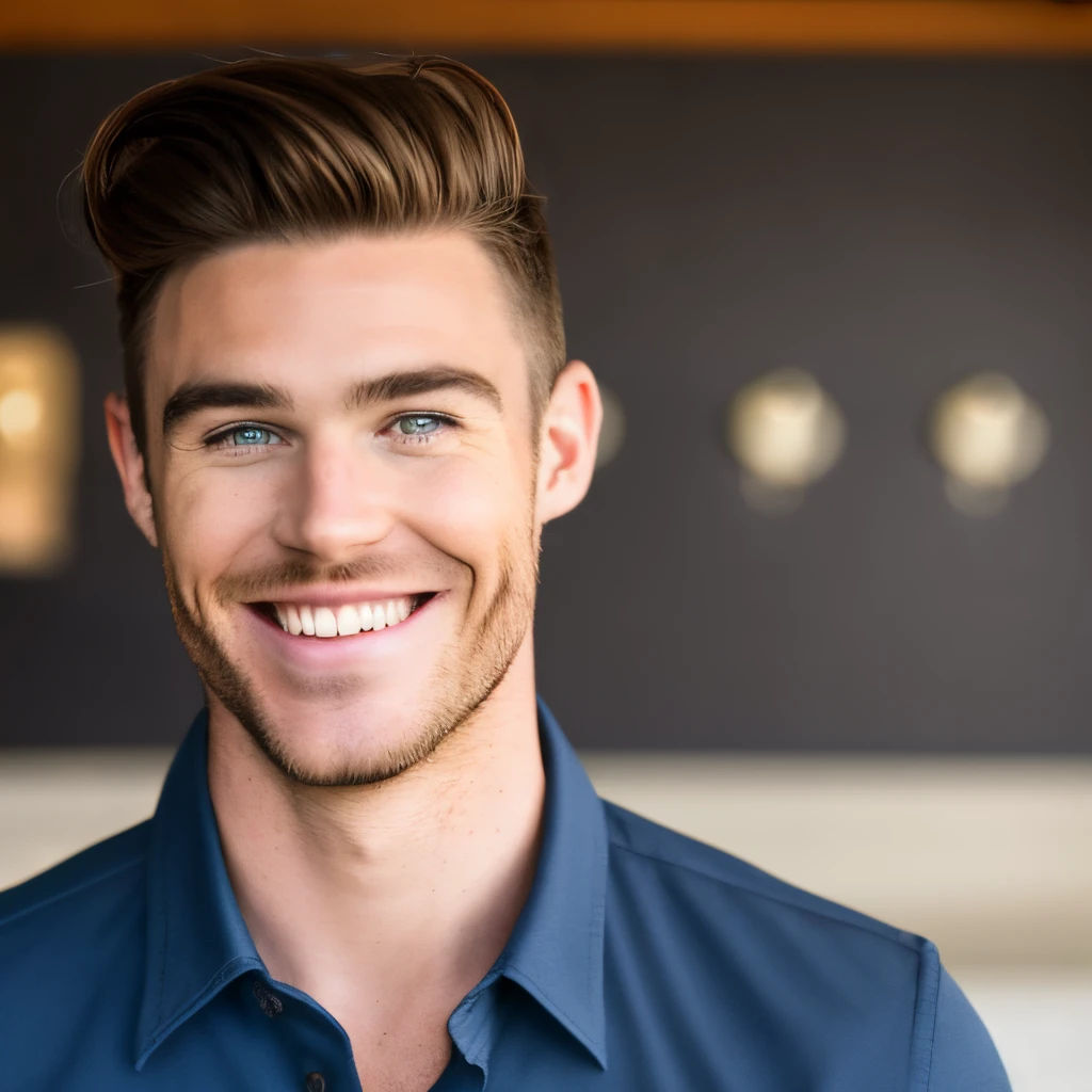 a tan guy, he is wearing a blue shirt, his hair is black, and he’s smiling