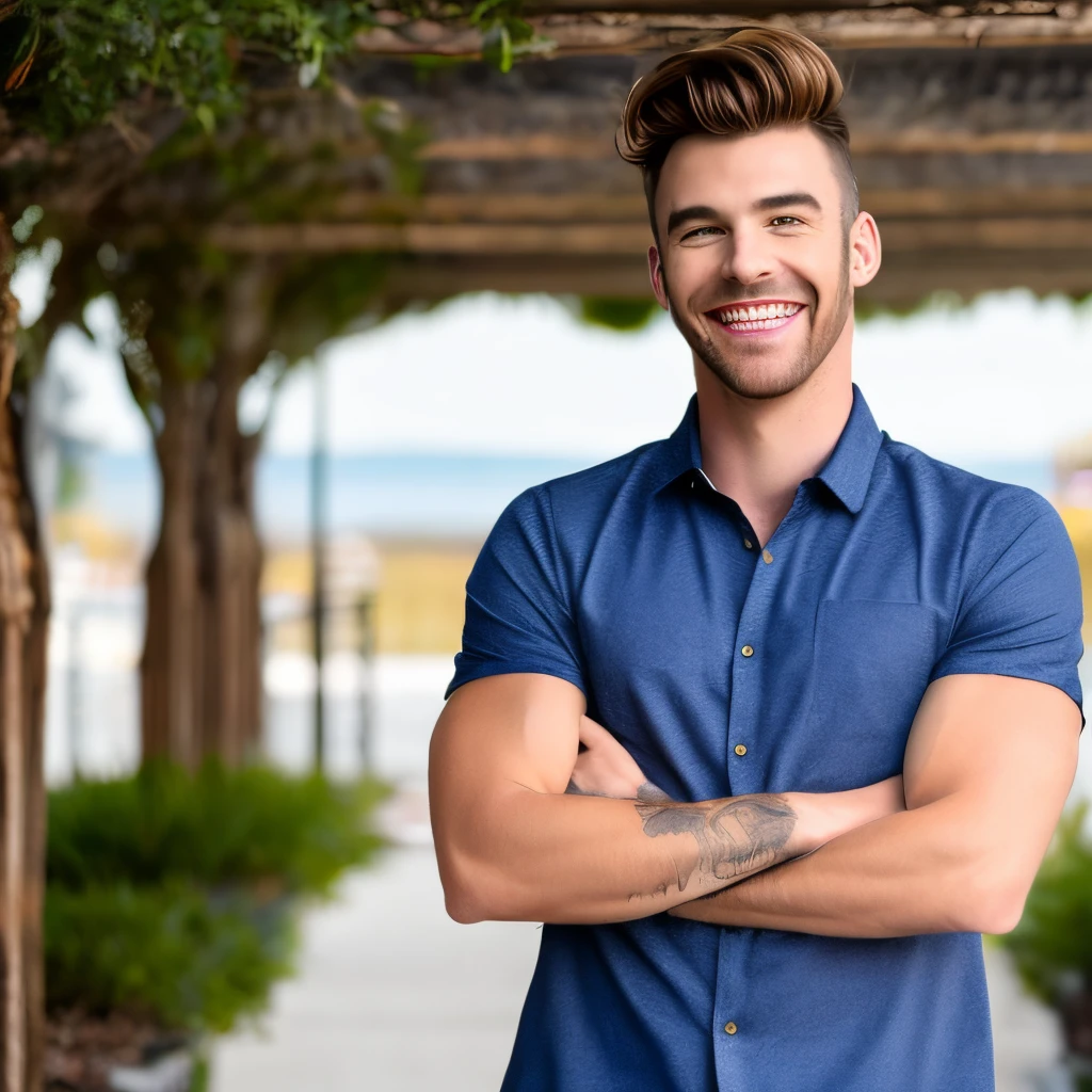 a tan guy, he is wearing a blue shirt, his hair is black, and he’s smiling