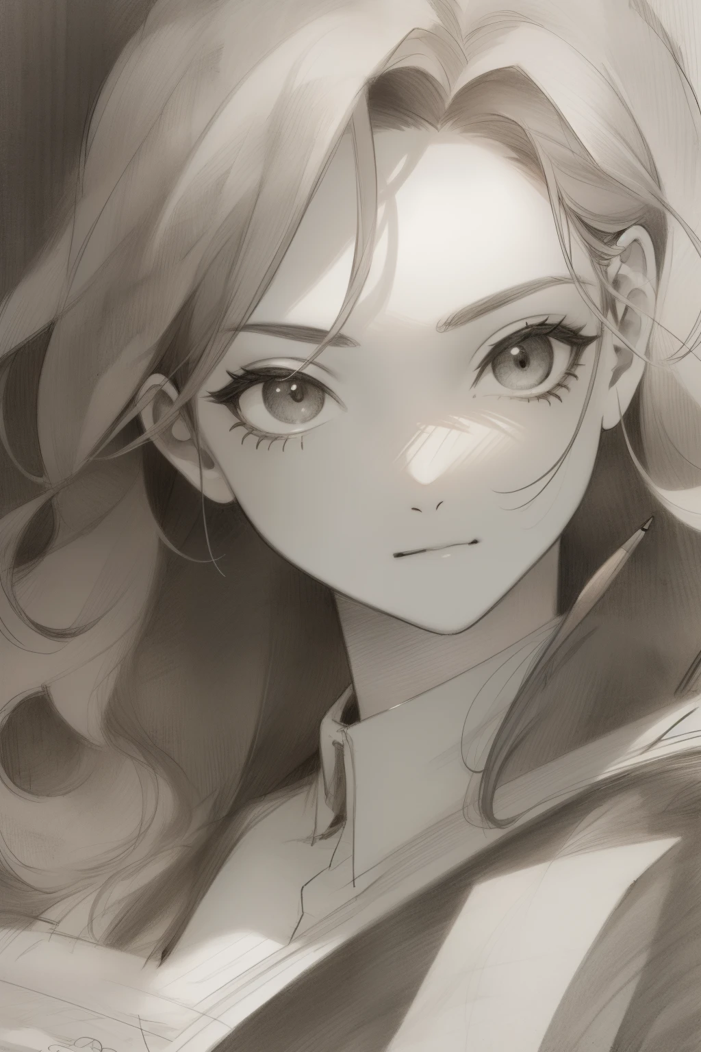 (master part, Qualidade Superior: 1.2), ultra detalhe, Cinematic lighting, HDR, esquete, retrato, esquete, ((((detailed pencil drawing)))), Uma mulher bonita, fechando os olhos, parte superior do corpo, 25 anos, corpo magro, pequeno, Beautiful, impressionante, Margens, Inspirador, Dynamic angle,