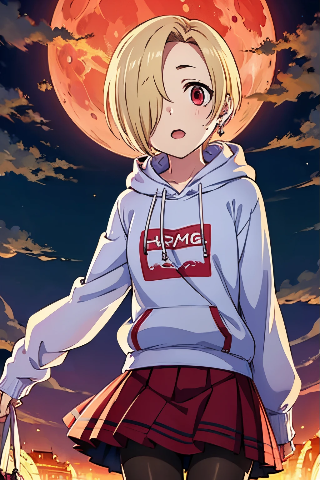 shirasaka koume, 1girl, looking at viewer, short hair, open mouth, multiple girls, skirt, blonde hair, red eyes, jewelry, jacket, pantyhose, pleated skirt, earrings, sky, solo focus, cloud, hood, hair over one eye, sleeves past wrists, hoodie, night, 6+girls, moon, full moon, sleeves past fingers, bags under eyes, lightning, red moon, red sky