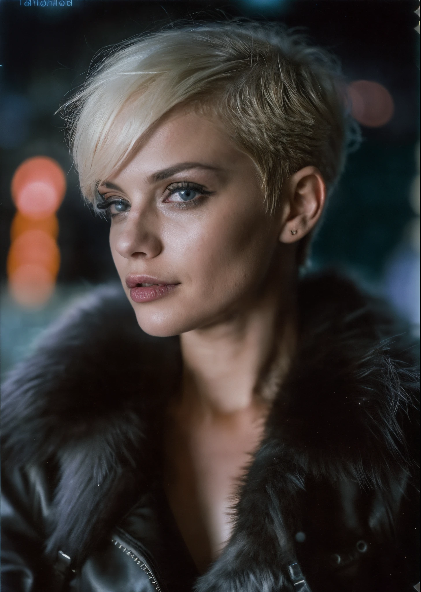 candid frontal closeup close up body portrait of a (Russian woman:1.2) model (with long Blonde Pixie Cut Haircut:1.2), (posing in Dazzling Ballroom with Shimmering Dance Floor and Twinkling Lights during Snow Level:1.1), (wearing Glamorous Hollywood Film Star Fashion with Satin Gowns and Fur Stoles:1.2), at dark night, moonlight, (naughty), (Saluting:1.1),  Dappled light Hair light, (bright flash photography:1.2), Deep reds aesthetic, (focus on the eyes), (hard shadows, pitch black brackground, unlit,  dark theme, dim lighting, deep contrast:1.1), (background in focus), (wearing Futuristic Post-Apocalyptic Survivor Attire with Tattered Leather Jackets and Goggles:1.2),  analog film grain overexposed blurry polaroid