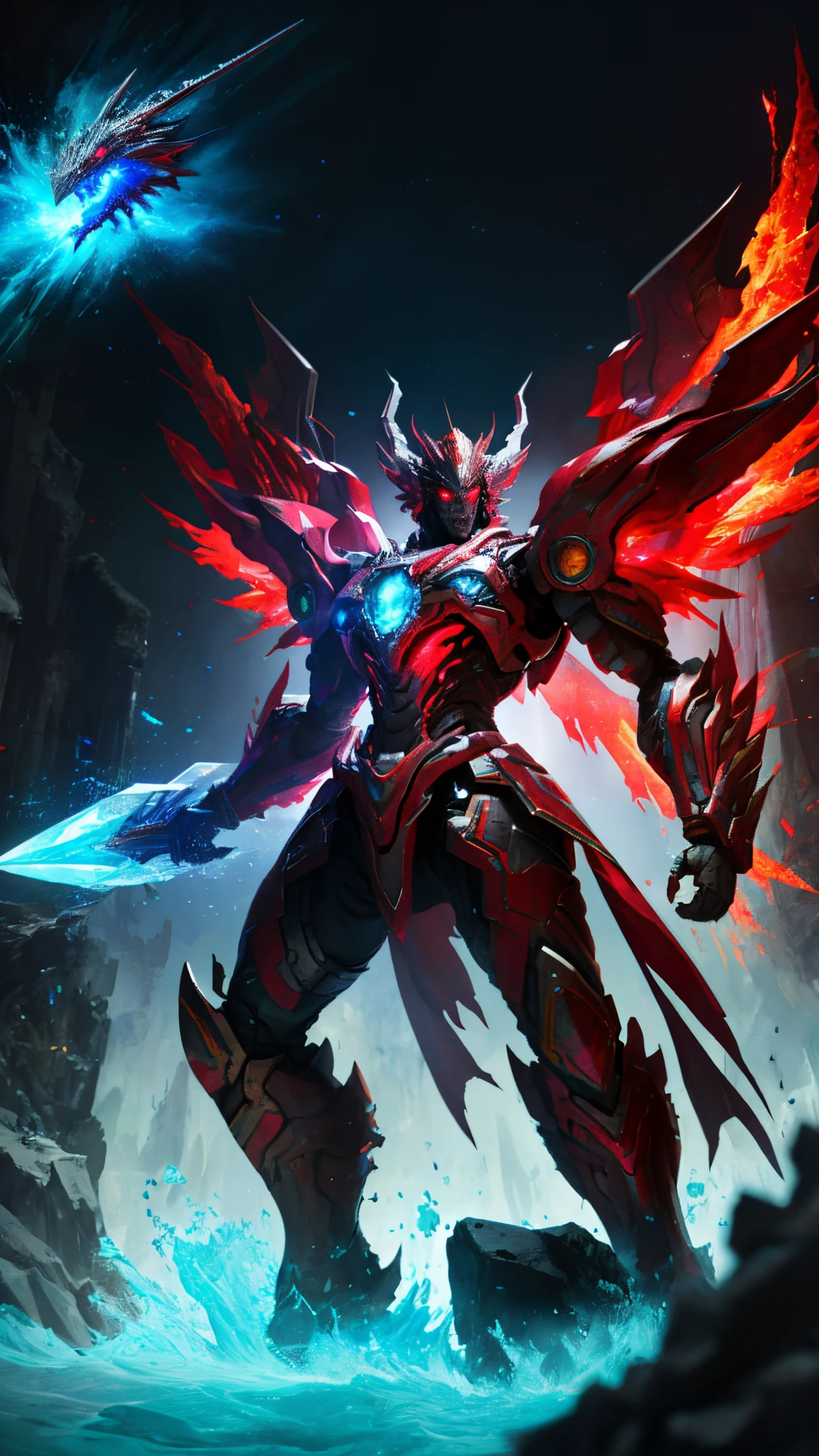 Full Body Shot, ((Masterpiece)), (Best Quality)), 8k, High Detail, Ultra Detailed, Abs, Armor Showing, Extremely Detailed CG Unity 8k Wallpaper, 1 Mecha Boy, {White Bones|Rainbow|Ice Crystal|Blood Demon|Phantom Dragon|Thor}, Red Eyes, Sci-Fi, War, Conflict, Movie Grandeur, Weapons, Fully Armed, (Floating Color {Wind|Water Magic|Ink|Crystal|Fire|Ice|Flame|Lightning|Network|Rock|Sand|Particles|Spark|Blood}:1)