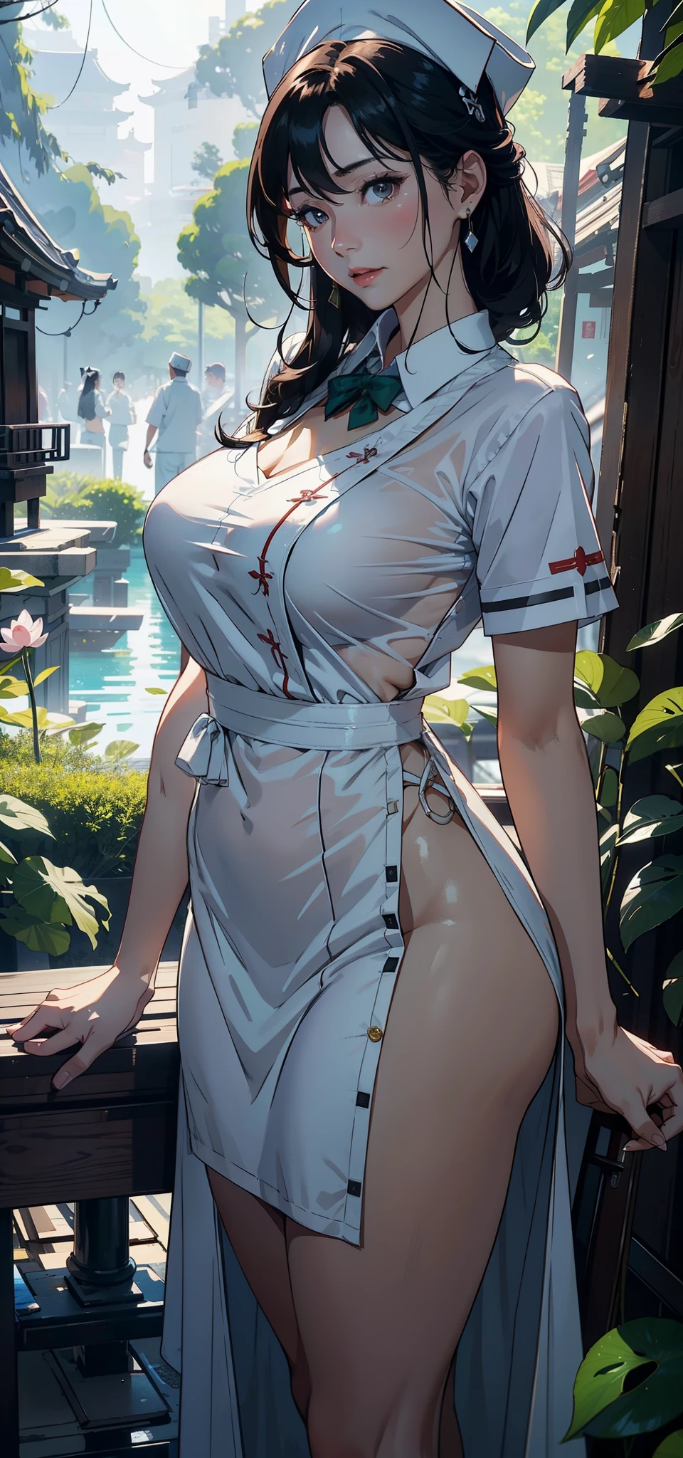 1female,45 yers old,Married woman,熟妇,mature,plum,very big boobs,big chest and thin waist,long leges, 独奏,(Background with:at a forest,lotus flower,ponds) She has short black hair,bobo head,,seen from the front, standing in forest, The sky is mostly cloudy,(((tmasterpiece),(Very detailed CG unified 8k wallpaper),Best quality,电影灯光,detailed back ground,美丽细致的眼睛,Bright pupils,黑The eye,Snow-whiteskin,Redlip(Very delicate and beautiful),(Beautiful and detailed eyes description),ultra - detailed,tmasterpiece,))facing at the camera,A high resolution,ultra - detailed)convex,legs are open,Raised sexy,Camel toes,Flushed face,longing unsatisfied,street frontage,nurses(dressed in:Oversized,drooping chest,,White transparent apron,nurse hat,Green nurse's uniform)