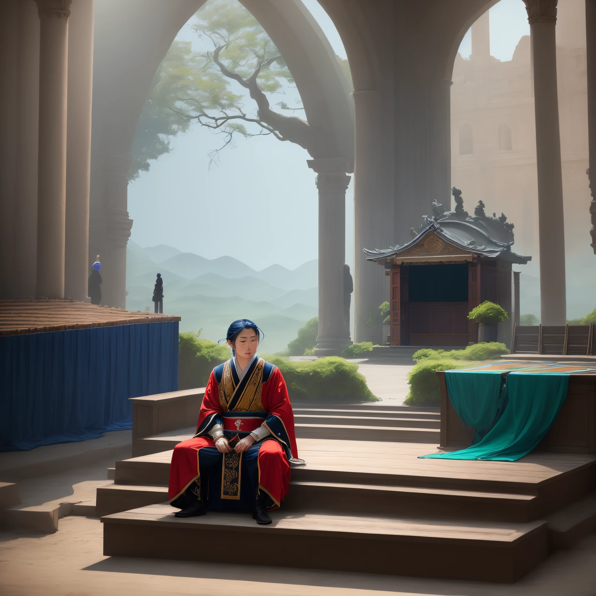 ancient wind,Faraway view,Stunning man in blue ancient costume was kidnapped and executed,indomitable,Oyuki,Sitting on the stage is this executioner in red official uniform.,Under the stage is a man wearing a blue palace dress,The girl wearing plain jade hairpin and the common people