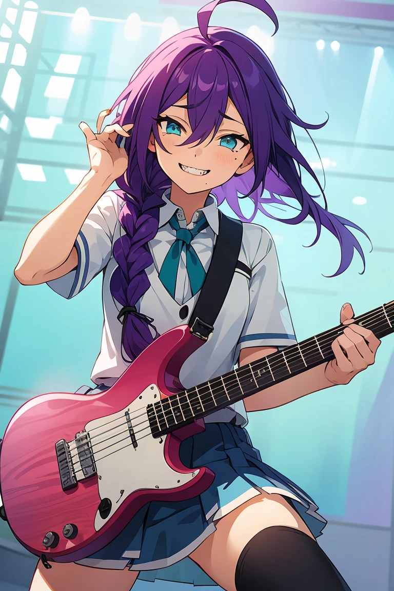 long hair, mole under mouth, purple hair, single braid, hair between eyes, aqua eyes, sharp teeth, ahoge, 1girl, smile, cowboy shot, playing an electric guitar, singing, school uniform, skirt