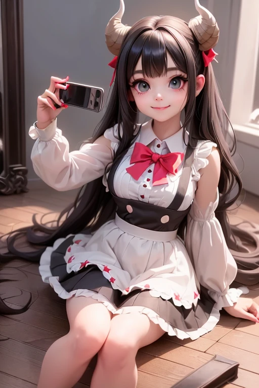 a (horned Demon girl) smiling sitting on the floor, looking herself into a handheld mirror, black hair, big hair bow, red smokey eyes makeup, black skirt, white collared crop shirt, puffy sleeves, pumps, attractive pose, cute elegant pose, dynamic low angle shot