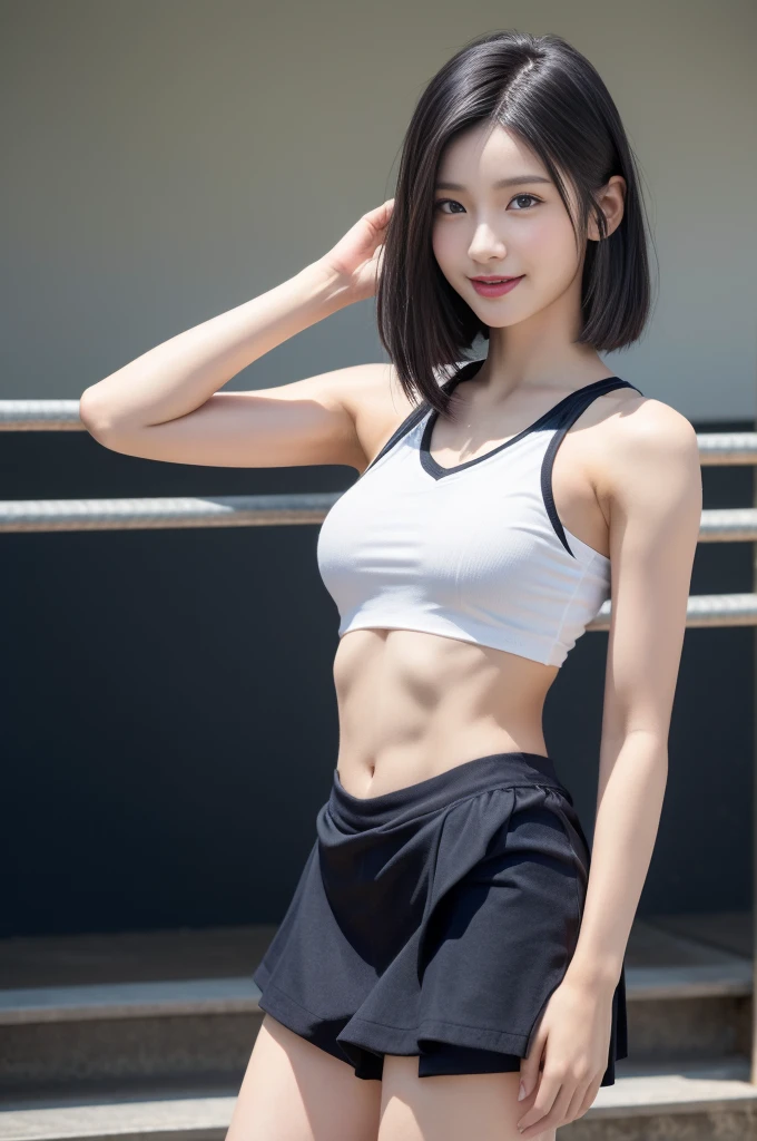 (((full body Esbian)))、japanese beauty girl、(((Track and field uniform)))、((Lustrous shoulder-length black hair))、from the waist down、Posing、hairarmpits、Wet body、Sweaty body、Perfect Style、beauty legs、kawaii、((toru & Field Athletes Women))、(((1 persons)))、((Stadium))、Transcendent Cute、A slight smil、Beautiful breasts、full body Esbian、athletic field、((Outstanding style))、((Healthy body))、 Photorealsitic、Beautiful detailed eyes、Hyper-Realism、highcontrast、Ultra HD、realistic skin textures、Top image quality、top-quality、超A high resolution、Fine details、Very meticulously