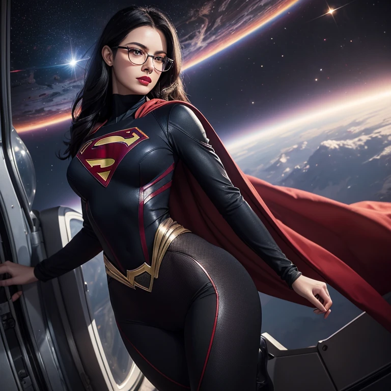 A hyper realistic, detailed mature woman 25 years old, black Hair, Cheveux Longs Ondulé , red lips, glasses,Supergirl Suit, In Space , beautiful breasts, slim waist, hourglass figuure,  black tights , handsome, absolutely stunning, looking seductively at the camera,