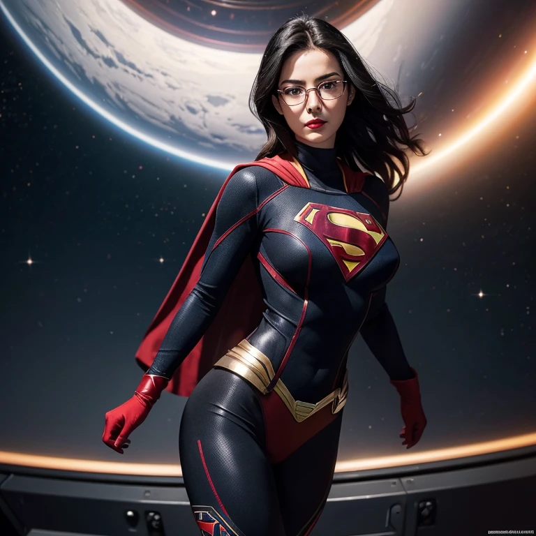 A hyper realistic, detailed mature woman 25 years old, black Hair, Cheveux Longs Ondulé , red lips, glasses,Supergirl Suit, In Space , beautiful breasts, slim waist, hourglass figuure,  black tights , handsome, absolutely stunning, looking seductively at the camera,