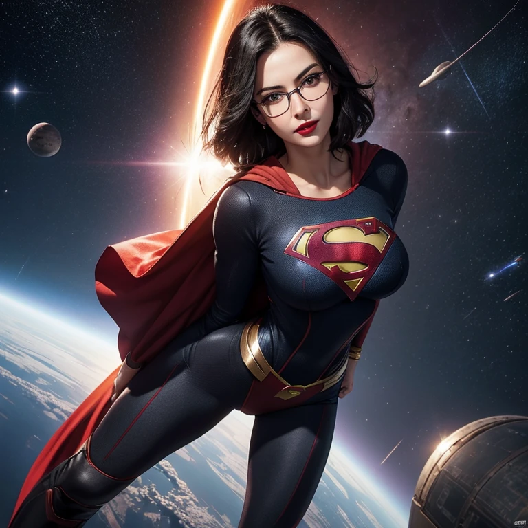 A hyper realistic, detailed mature woman 25 years old, black Hair, Cheveux Longs Ondulé , red lips, glasses,Supergirl Suit, In Space , beautiful breasts, slim waist, hourglass figuure,  black tights , handsome, absolutely stunning, looking seductively at the camera,