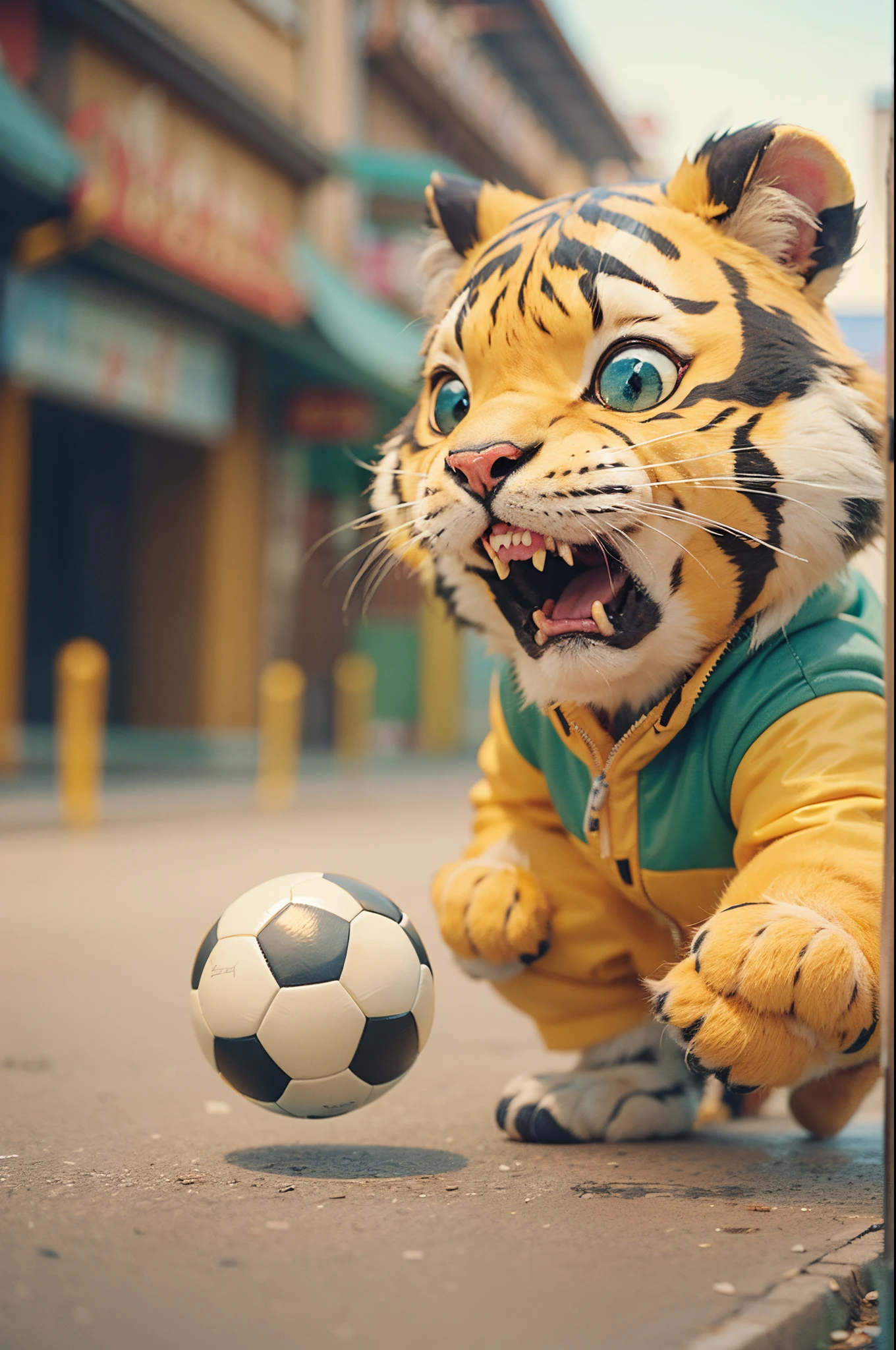 Cartoon tiger with yellow jacket playing soccer at china town, style raw, pastel color grading, Super 8mm lense, Extreme close-up, Deep Focus cinematography effect, high quality, ultra detail, 8k