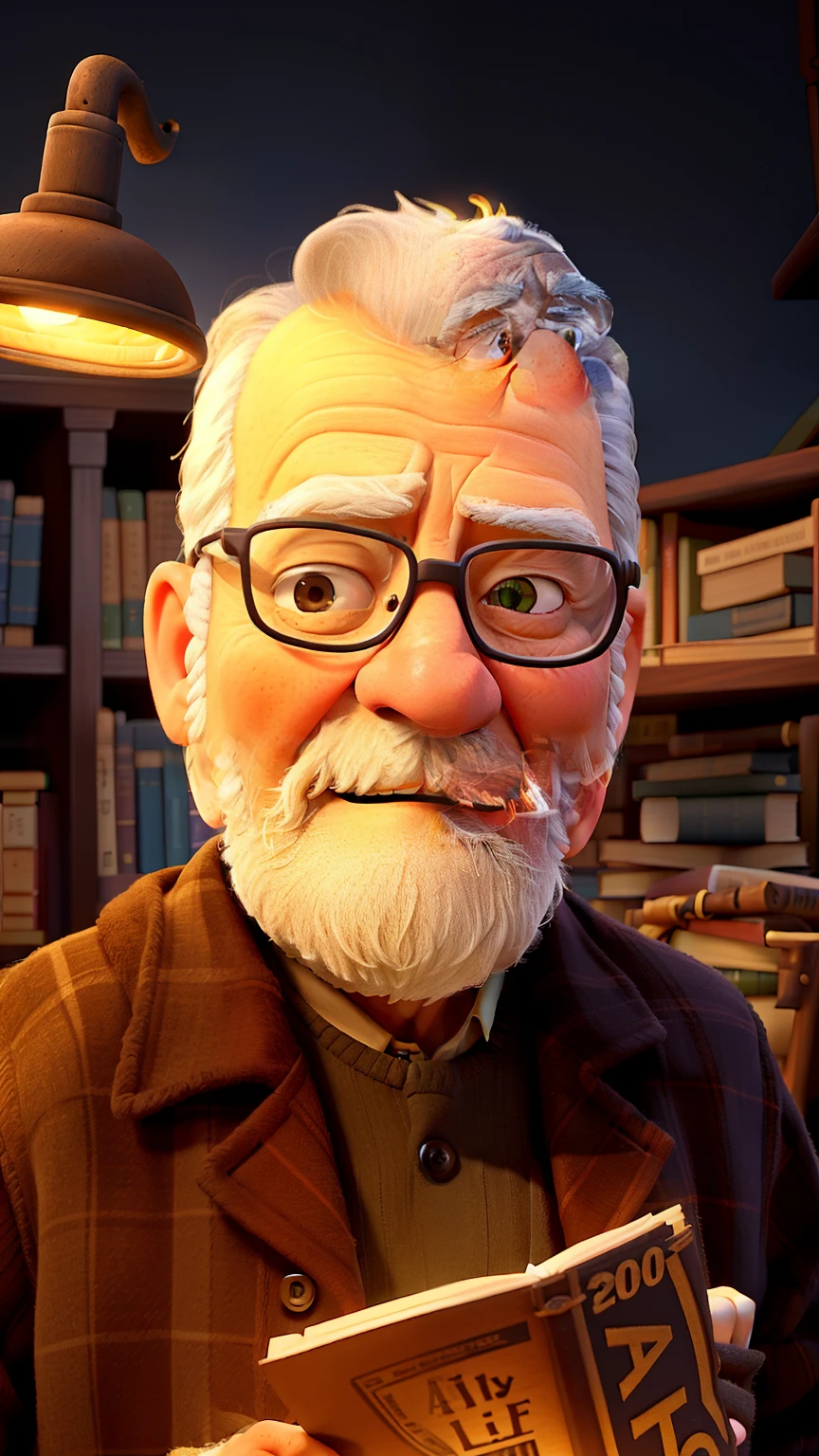 A wise old man standing in front, illuminated by the light of a lamp, against the backdrop of a library