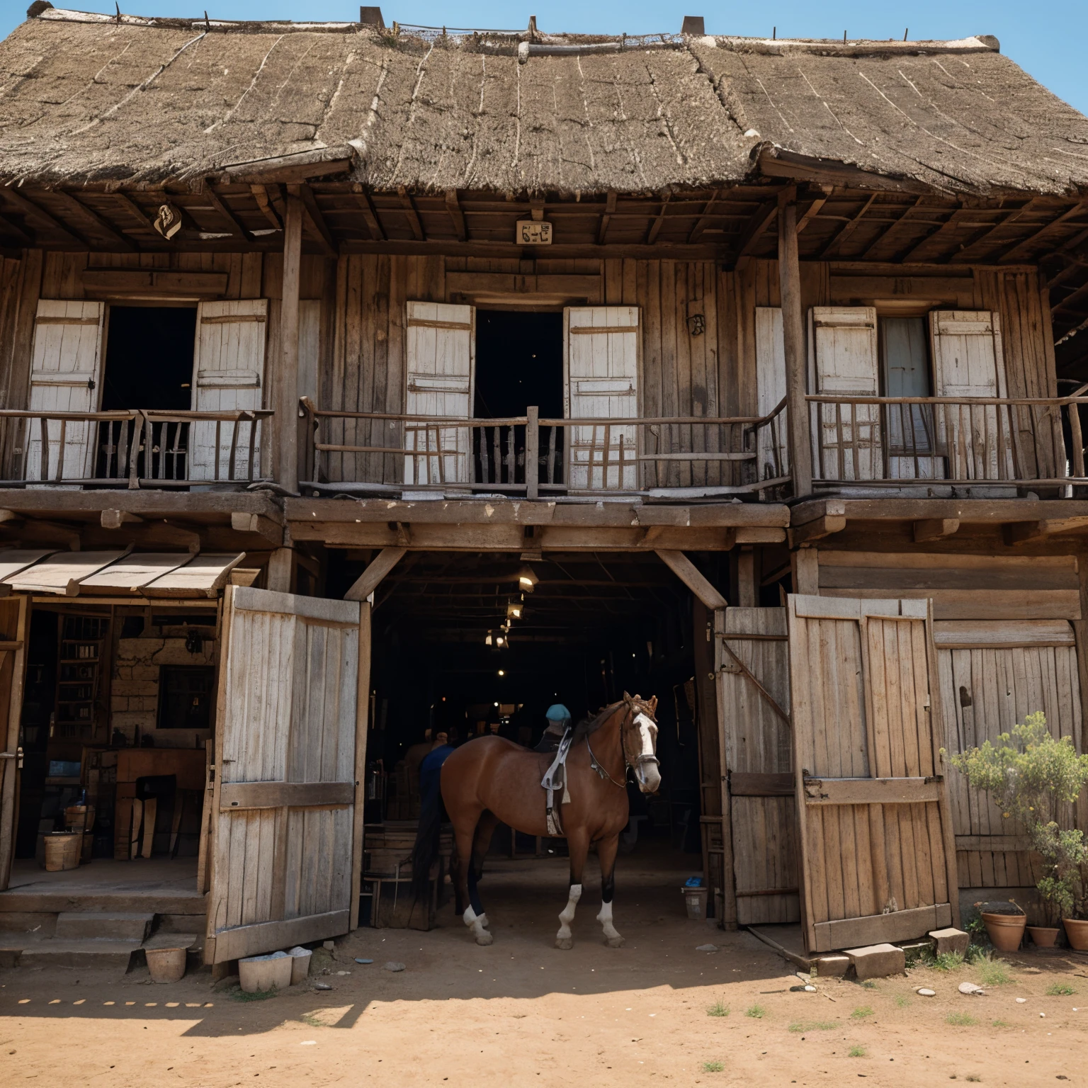 Village, cowboy background, guns, horses