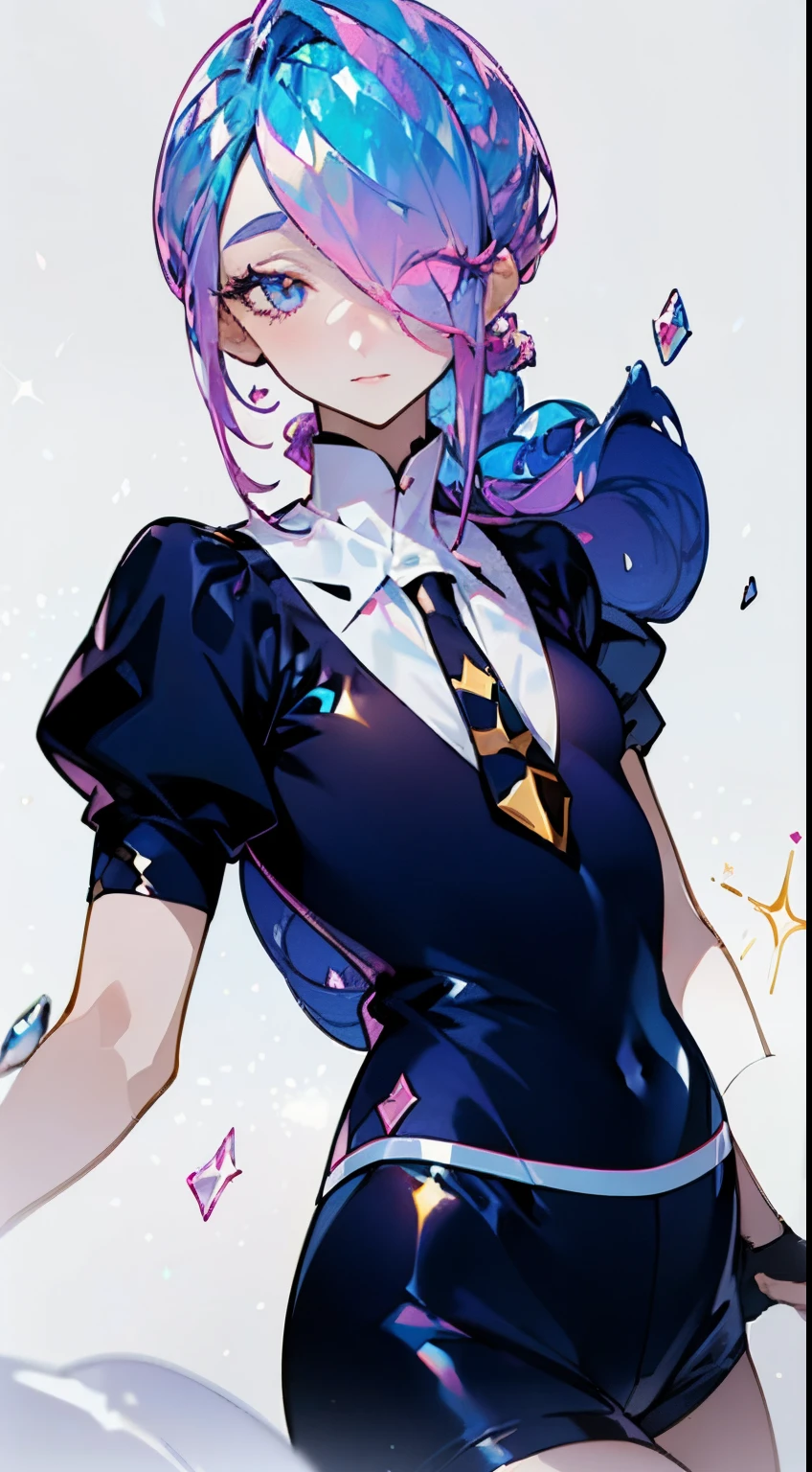 (( in the style of Ichikawa Haruko)), The Land of Precious Stones, Original character, ((tmasterpiece)), (((beste-Qualit))), ((ultradetailed)), ((illustartion)), illustartion, 1 girl, sly look, Majestic view (multi-colored hair, ((hair above one eye)), (navy blue hair), ((Hair gradient)), hair gradient from blue to pink, Hair color from blue to lilac, pink hair ends, without bangs, (Side bangs), curly curl on the cheek, hairstyle: high ponytail), The eyes are crimson-red, Environment change scene, wide eyes, Lashes, side glance, Crystal hair, Glowing Hair, shirt with collar, Additional lighting, uniform, tie, puffy short sleeves, Shorts, Smile, puffy short sleeves, Puffy armbands, Shirt, short sleeve, sparkle, Small flat chest, short tight shorts, black elbow-length gloves, black stockings, (whitebackground:1.6), Manga page, Color manga, anime land of the lustrous, Psychedelic manga, Color manga panel, Color comic strip, Comicbook page, comic style, Color scan of the manga, sparkle, ((Anime clothing "Land of Glitter")), Gems, ((radiance, Lots of light)), sparkle of a gem, Diamond glitter