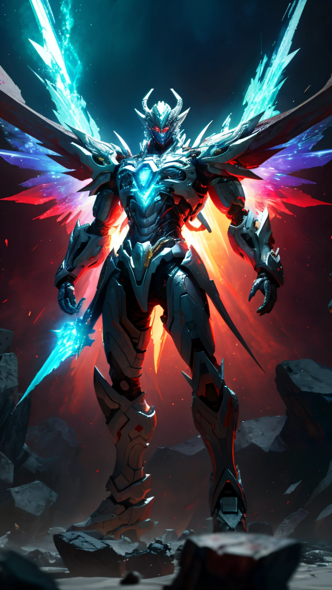 Full Body Shot, ((Masterpiece)), (Best Quality)), 8k, High Detail, Ultra Detailed, Abs, Armor Showing, Extremely Detailed CG Unity 8k Wallpaper, 1 Mecha Boy, {White Bones|Rainbow|Ice Crystal|Blood Demon|Phantom Dragon|Thor}, Red Eyes, Sci-Fi, War, Conflict, Movie Grandeur, Weapons, Fully Armed, (Floating Color {Wind|Water Magic|Ink|Crystal|Fire|Ice|Flame|Lightning|Network|Rock|Sand|Particles|Spark|Blood}:1)
