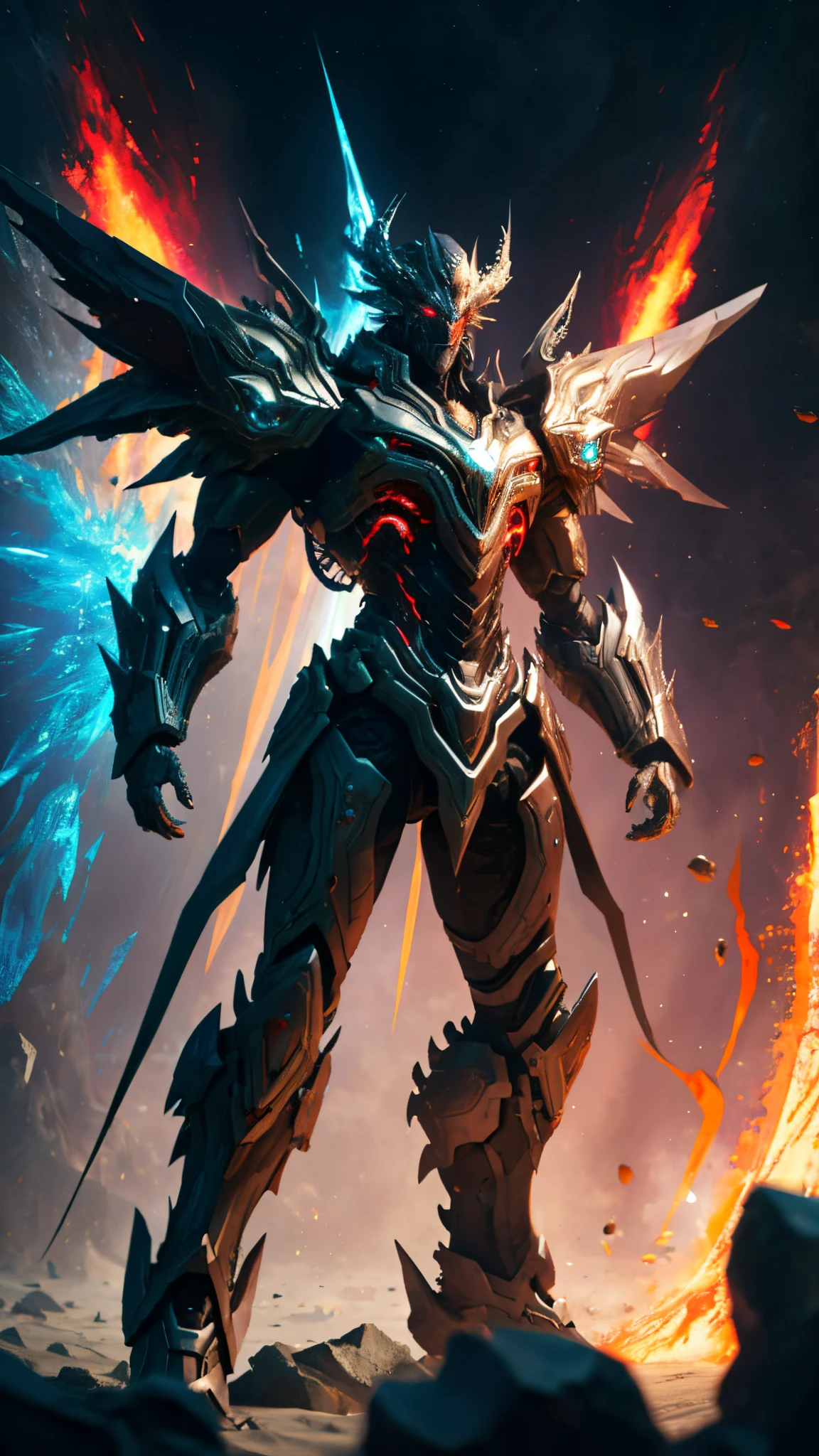 Full Body Shot, ((Masterpiece)), (Best Quality)), 8k, High Detail, Ultra Detailed, Abs, Armor Showing, Extremely Detailed CG Unity 8k Wallpaper, 1 Mecha Boy, {White Bones|Rainbow|Ice Crystal|Blood Demon|Phantom Dragon|Thor}, Red Eyes, Sci-Fi, War, Conflict, Movie Grandeur, Weapons, Fully Armed, (Floating Color {Wind|Water Magic|Ink|Crystal|Fire|Ice|Flame|Lightning|Network|Rock|Sand|Particles|Spark|Blood}:1)
