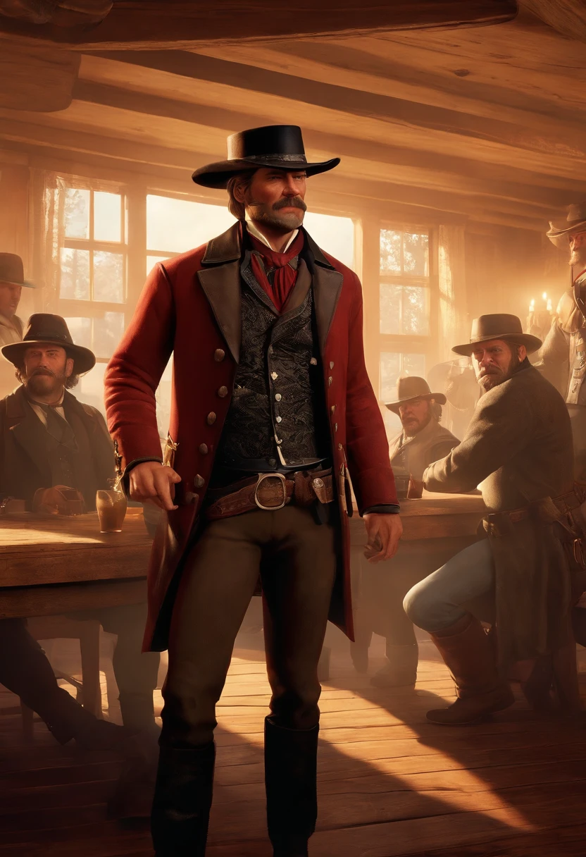 A photo of a rowdy saloon, with people dancing on tables, drinks being spilled, and general mayhem all around.,Red Dead Redemption 2,Micah has shoulder-length blond hair, along with a thick horseshoe mustache and side-whiskers. Micah is slightly portly and often wears an undone black leather coat, a red or black shirt accompanied by a red vest, a blue neckerchief, beige trousers, and a white hat.