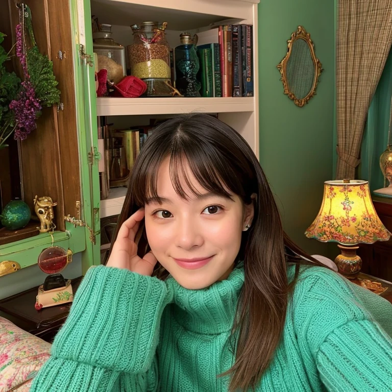 Based on the same face of the woman created last time、Please picture her wearing her nightgown in her room.。Please imagine her taking a selfie.。A room with a relaxing atmosphere is good for the background.。Keep an eye out for vibrant colors and details。